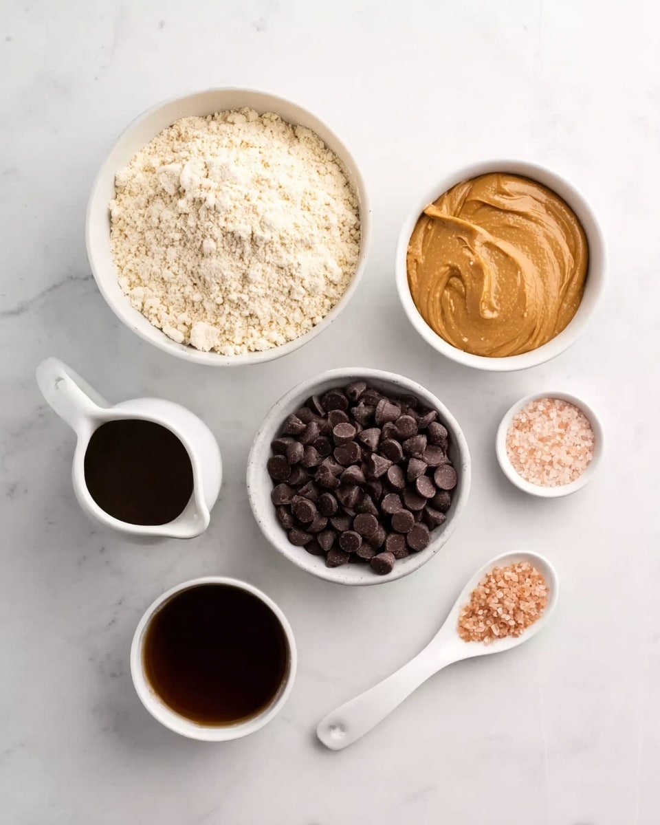 The image shows six white bowls and a small white spoon arranged on a white marbled surface. The largest bowl at the top left is filled with light beige flour or powder, with a crumbly texture. To the right of it, a medium bowl holds a thick, smooth, light brown sauce or paste. Below these, in the middle, a bowl is filled with dark brown chocolate chips, shiny and round. To the left is an empty small white bowl with a smooth inside. At the bottom left, a white pitcher contains a dark brown liquid, and next to it on the right, a smaller white bowl has a darker thick liquid. Finally, a white spoon at the middle right contains fine pink salt grains. Photo taken with an iphone --ar 4:5 --v 7