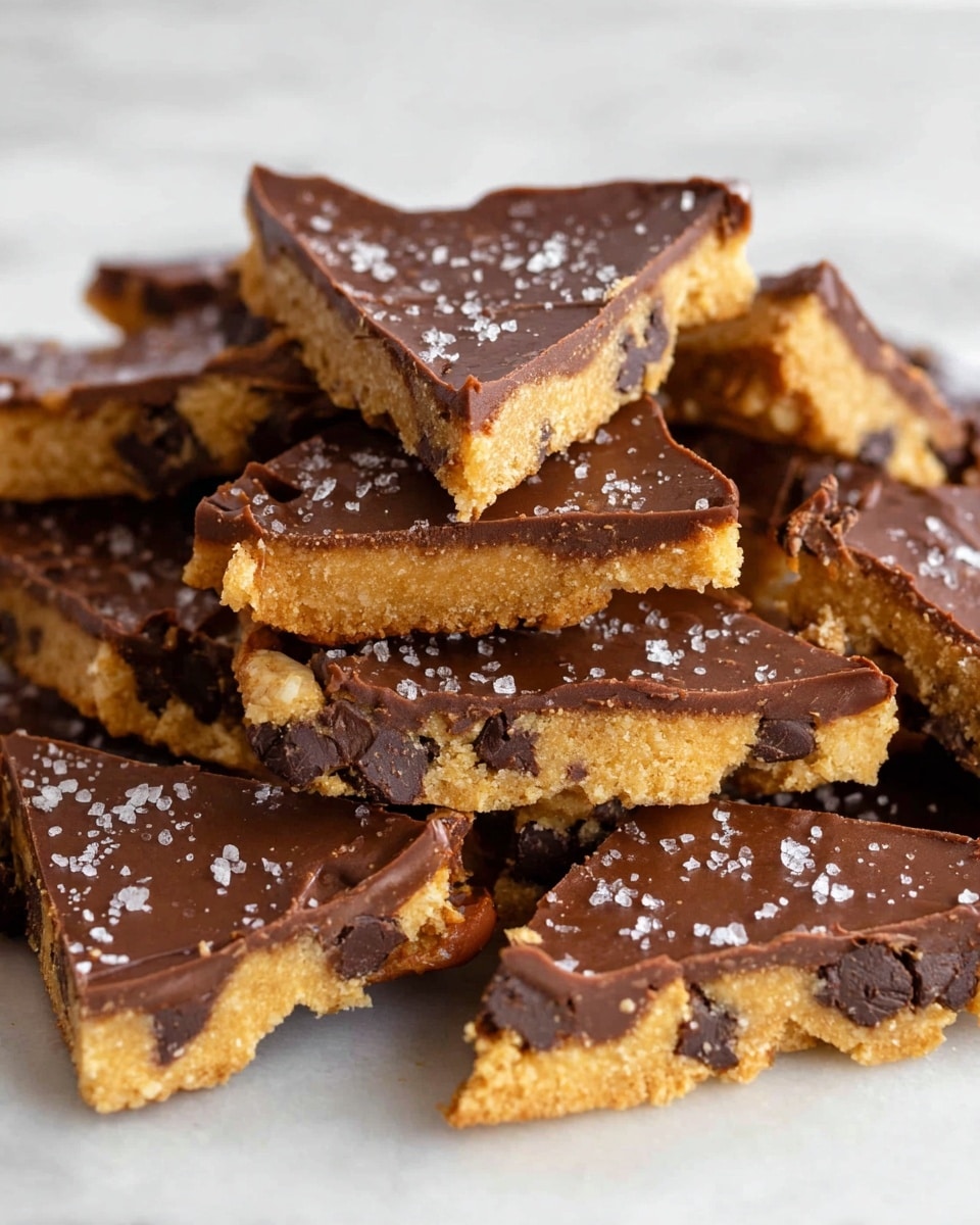 A pile of triangle-shaped bars with two visible layers is shown on a white marbled surface. The bottom layer is golden-brown, thick, and crumbly with chocolate chips embedded inside. The top layer is a smooth, dark brown chocolate spread evenly, creating a glossy finish, with some flaky white salt sprinkled on it. The bars are arranged in a slightly messy stack, showing the texture of both layers clearly. Photo taken with an iphone --ar 4:5 --v 7