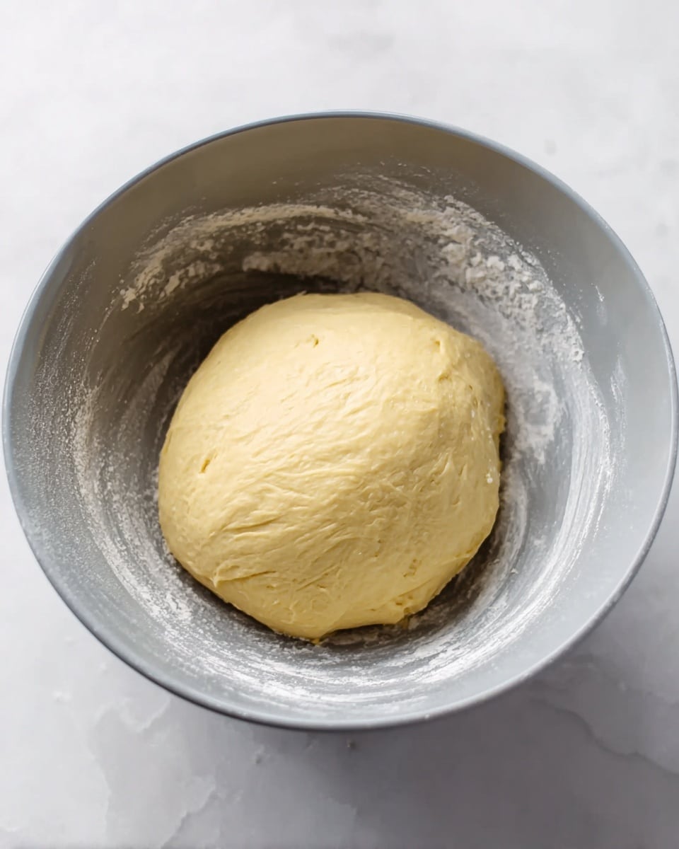 A smooth, pale yellow dough ball sits in the center of a large gray mixing bowl with floured sides. The dough has a slightly shiny, soft texture and looks well-kneaded. The bowl is placed on a white marbled surface, and the scene is simple and clean with soft natural light. photo taken with an iphone --ar 4:5 --v 7