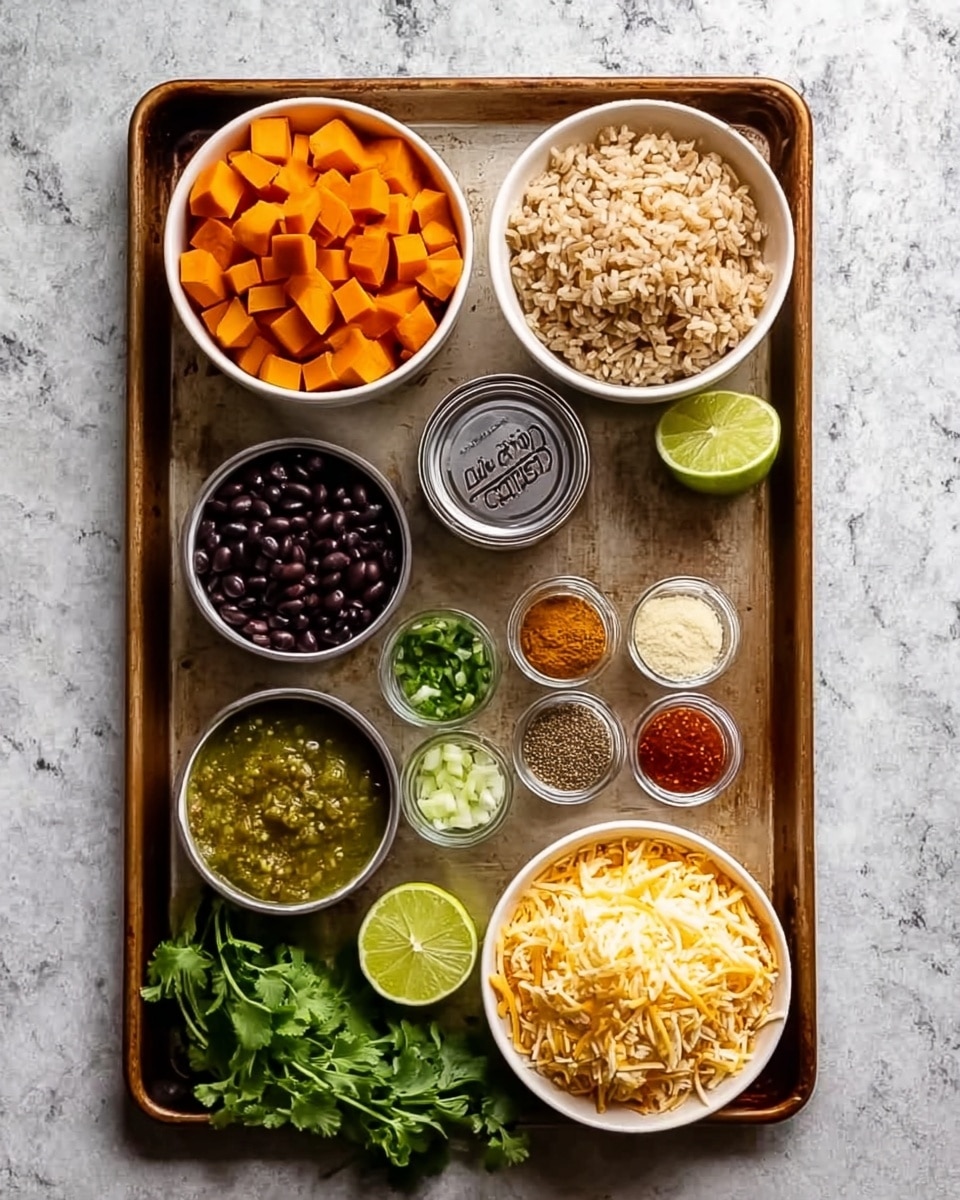 The image shows a baking tray with eight white bowls arranged neatly on it. The top row has two bowls: the left one filled with diced orange sweet potatoes and the right one with cooked brown rice. Below them, from left to right, there is a small bowl with black beans, an uncovered can of black beans, a small bowl with chopped green chiles, and a small bowl with four different spices in separate sections, showing colors like red, green, beige, and brown. The bottom row features a bowl of green salsa on the left and a bowl filled with shredded yellow and white cheese on the right. Fresh cilantro bunch and a lime sit on the tray's bottom left corner. The baking tray rests on a white marbled surface. photo taken with an iphone --ar 4:5 --v 7