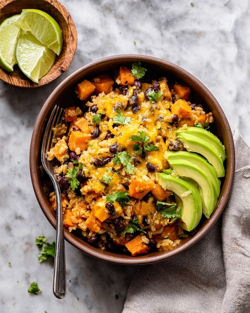 A brown bowl filled with a layered dish featuring a mix of orange cubes of cooked sweet potatoes, black beans, and grains of brown rice all mixed together with melted yellow cheese scattered throughout, topped with small green cilantro leaves. On the right side of the bowl, three light green slices of avocado are neatly placed on top of the rice mixture. A fork rests inside the bowl on the left side, partially inserted into the dish. Nearby, there is a wooden bowl containing green lime wedges in the upper left corner, and a light gray cloth napkin sits folded to the right of the bowl on a white marbled surface. Photo taken with an iphone --ar 4:5 --v 7