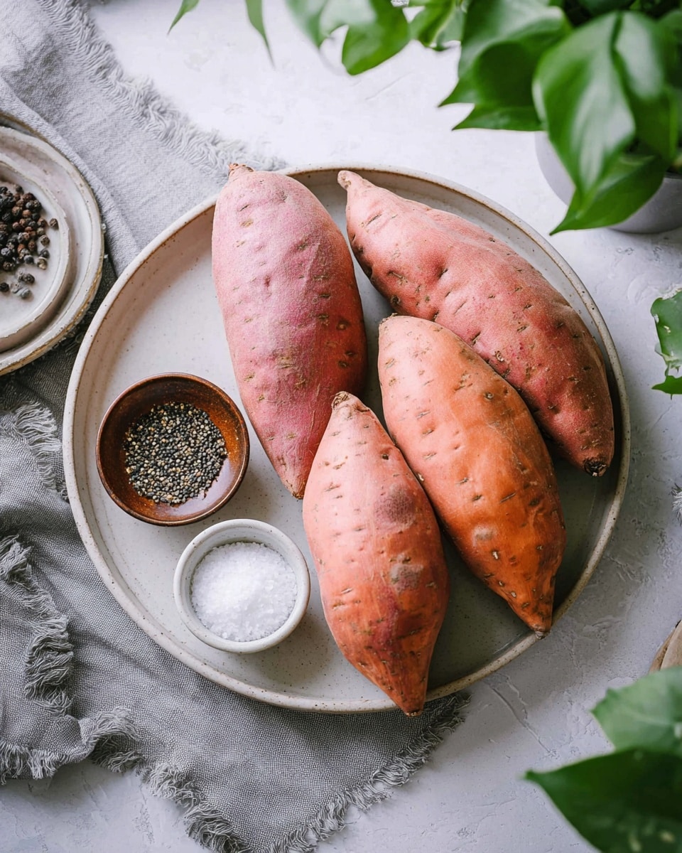 Three large sweet potatoes with pinkish-orange rough skin are placed side by side in a row on a round white plate with a slightly textured surface. The plate also holds a small white bowl filled with black and white pepper and a small brown bowl filled with coarse salt, positioned to the left of the sweet potatoes. The plate is on a soft light gray cloth that lies on a white marbled tabletop. In the top right corner of the image, green leaves of a plant are partially visible, and a few containers are scattered around, adding a homey feel. Photo taken with an iphone --ar 4:5 --v 7