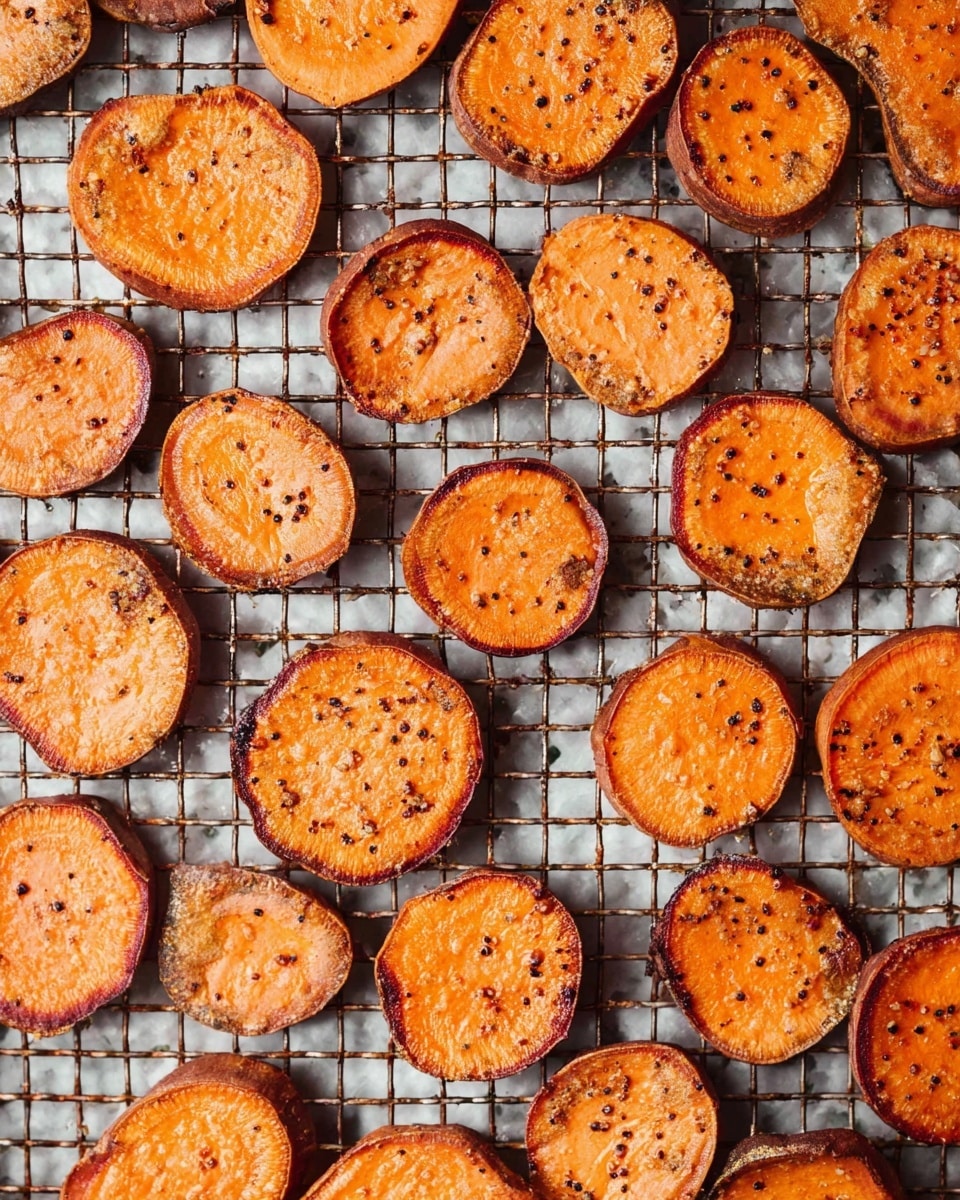 The image shows many round slices of roasted sweet potato laid out on a baking rack. Each slice is orange inside with a slightly caramelized brown edge and small black pepper specks on top. The sweet potato slices are of different sizes and appear crispy on the outside with a soft texture in the middle. The background has a white marbled texture beneath the rack. photo taken with an iphone --ar 4:5 --v 7