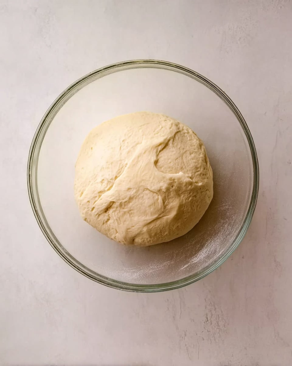 A single round ball of smooth dough sits in the middle of a clear glass bowl, showing a soft texture and pale cream color. The bowl is placed on a white marbled surface. The dough looks slightly risen with a few small folds and indentations on its surface. photo taken with an iphone --ar 4:5 --v 7