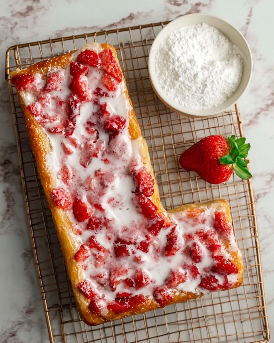A rectangular pastry shaped like the letter L sits on a wire rack over a white marbled surface. The pastry has a golden-brown crust with a thick layer of white icing mixed with red strawberry pieces spread unevenly on top. To the right of the pastry is a small white bowl filled with white powdered sugar and a fresh bright red strawberry with green leaves next to it. The scene is brightly lit, showing the textures of the icing and strawberry pieces clearly. Photo taken with an iphone --ar 4:5 --v 7