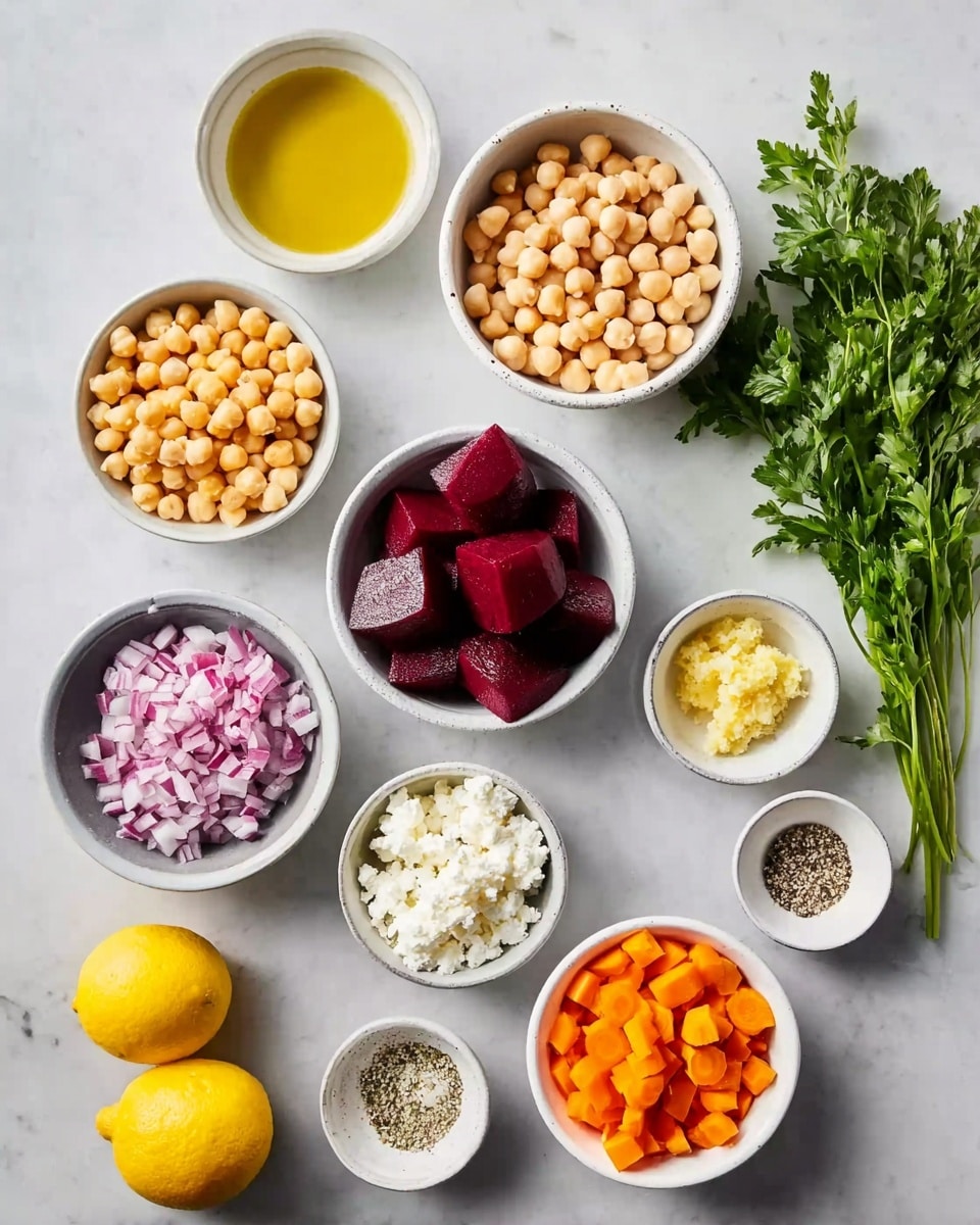 The image shows nine small white bowls arranged neatly on a white marbled surface. The top row has three bowls: one with golden yellow oil, one with light brown seeds, and one filled with light beige chickpeas. Below, there is a cluster of three white bowls: one with five dark red beets, one with finely chopped light purple onions, and one with diced bright orange carrots. At the bottom, the left side has two bright yellow whole lemons beside a bowl with white crumbled cheese, and to the right are two tiny bowls containing finely chopped light yellow garlic and a mix of black and white pepper. A fresh green parsley bunch with stems is placed on the right side. A woman's hand is not visible in this image. Photo taken with an iphone --ar 4:5 --v 7