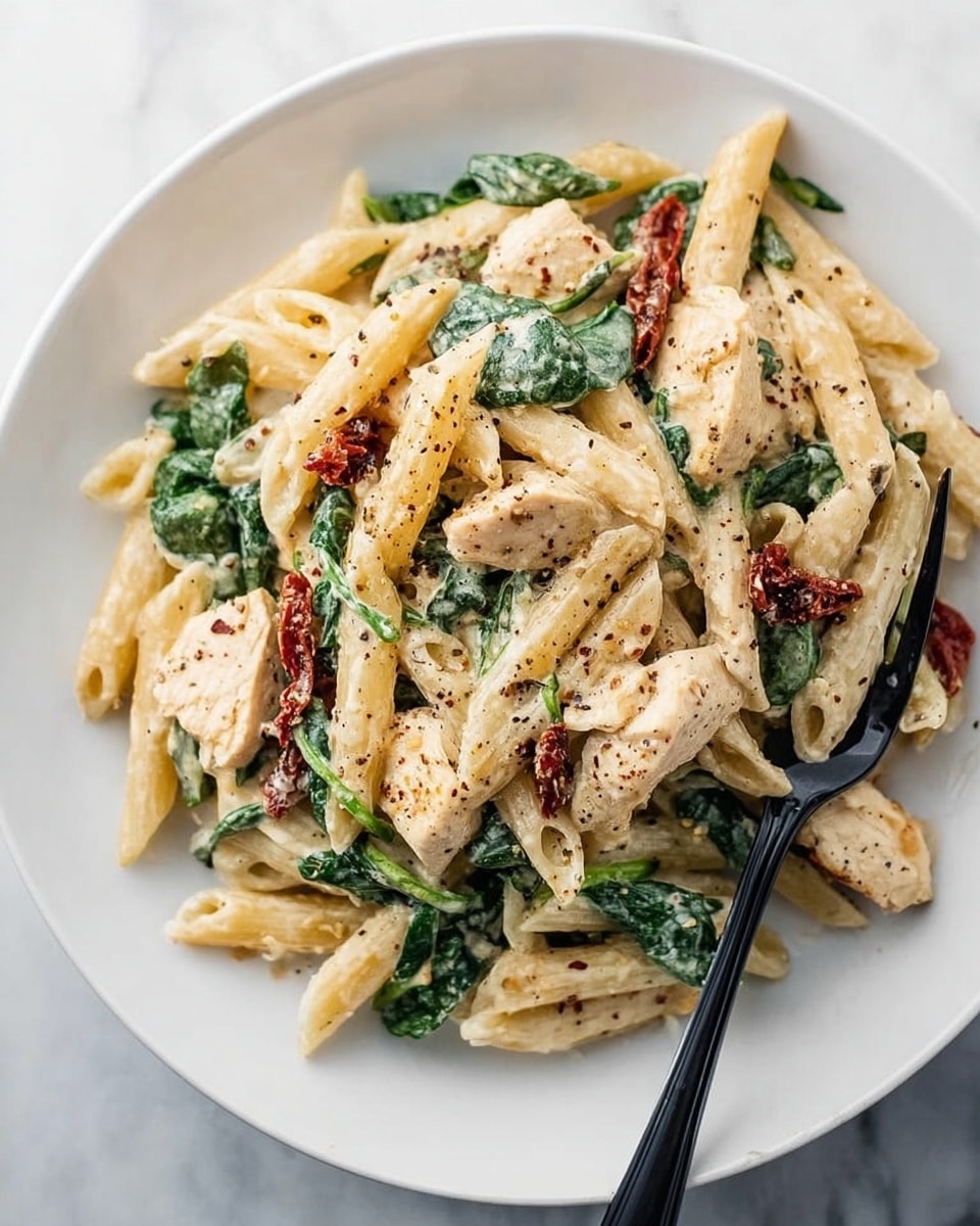 A white round plate filled with creamy penne pasta mixed with green spinach leaves and chunks of light tan cooked chicken pieces, dotted with thin strips of red sun-dried tomatoes. The pasta is coated in a smooth, pale cream sauce sprinkled generously with black pepper, adding small dark specks across the dish. A black fork rests on the right side of the plate, with a woman's hand holding it. The plate sits on a white marbled surface, giving a clean and bright background. photo taken with an iphone --ar 4:5 --v 7