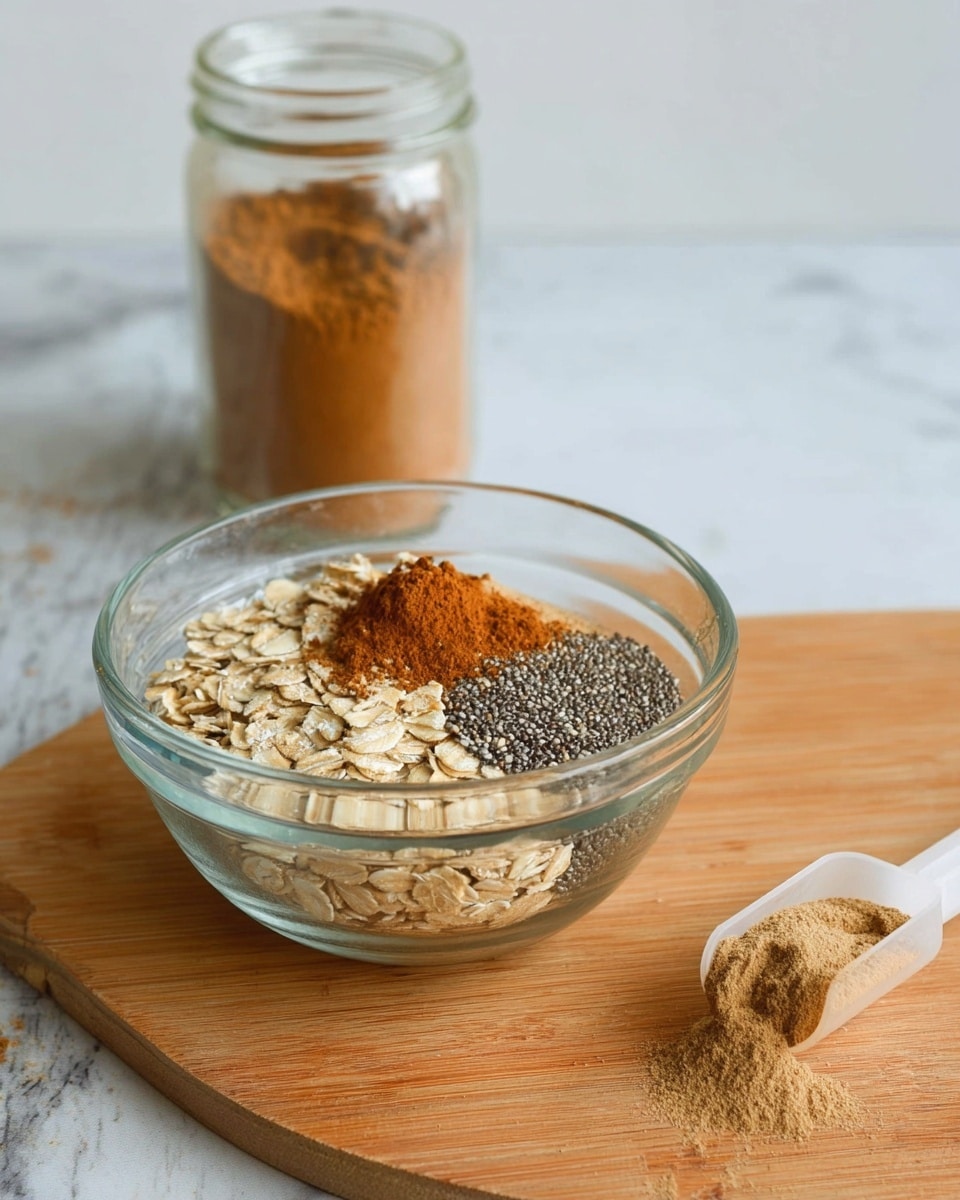 A round clear glass bowl sits on a wooden board filled with three visible layers of dry ingredients: the bottom layer is light beige rolled oats, the middle layer is tiny dark gray chia seeds, and the top layer is a small mound of reddish-brown cinnamon powder. Behind the bowl is a clear jar of cinnamon with its lid off. To the right side, a small white scoop containing cinnamon powder lies on the board. The background is a white marbled surface. photo taken with an iphone --ar 4:5 --v 7