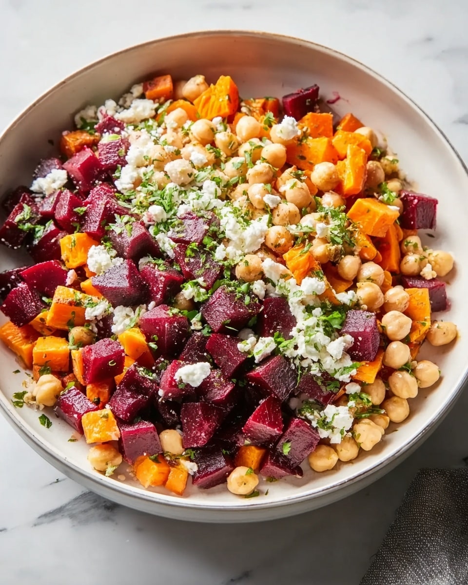 A white shallow bowl filled with a colorful salad featuring three main layers: a base layer of cubed deep red beets scattered evenly, a middle layer of light orange diced sweet potatoes, and a top layer of beige chickpeas spread around. The salad is sprinkled with small white crumbles of cheese and scattered with chopped green herbs for freshness. The bowl is placed on a white marbled surface with soft lighting enhancing the vibrant colors. Photo taken with an iphone --ar 4:5 --v 7