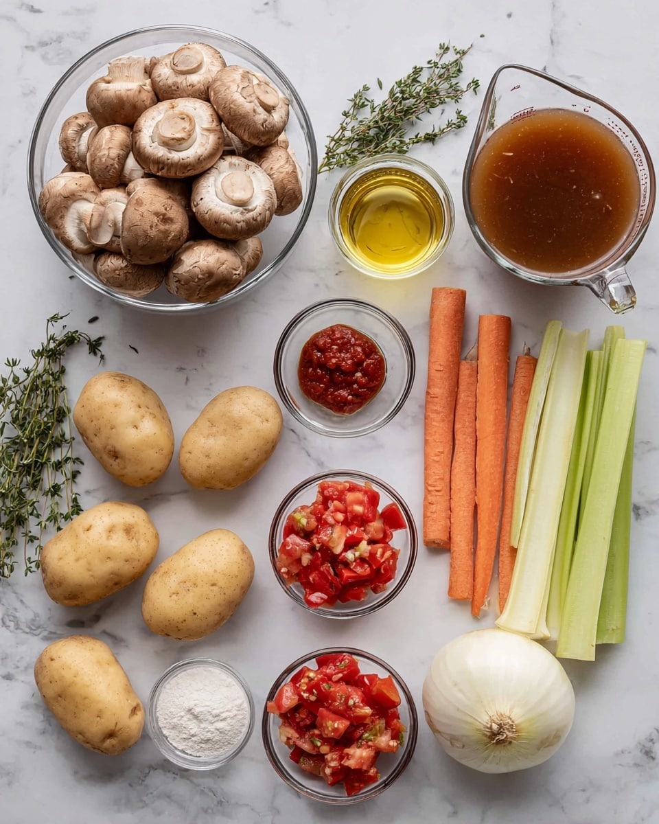 The image shows a variety of fresh ingredients arranged neatly on a white marbled surface. At the center, there is a clear glass bowl filled with whole brown mushrooms. Around it, there are three light brown potatoes, a whole onion, three garlic cloves, three carrots, and three celery sticks laid out in rows. Small clear bowls hold red tomato paste, salt and pepper, white flour, and chunky diced tomatoes with herbs. There is also a small glass bottle of olive oil and a measure jug filled with brown broth. Fresh green thyme sprigs add a touch of color on the top left side. The scene looks clean and well-organized, ready for cooking. photo taken with an iphone --ar 4:5 --v 7