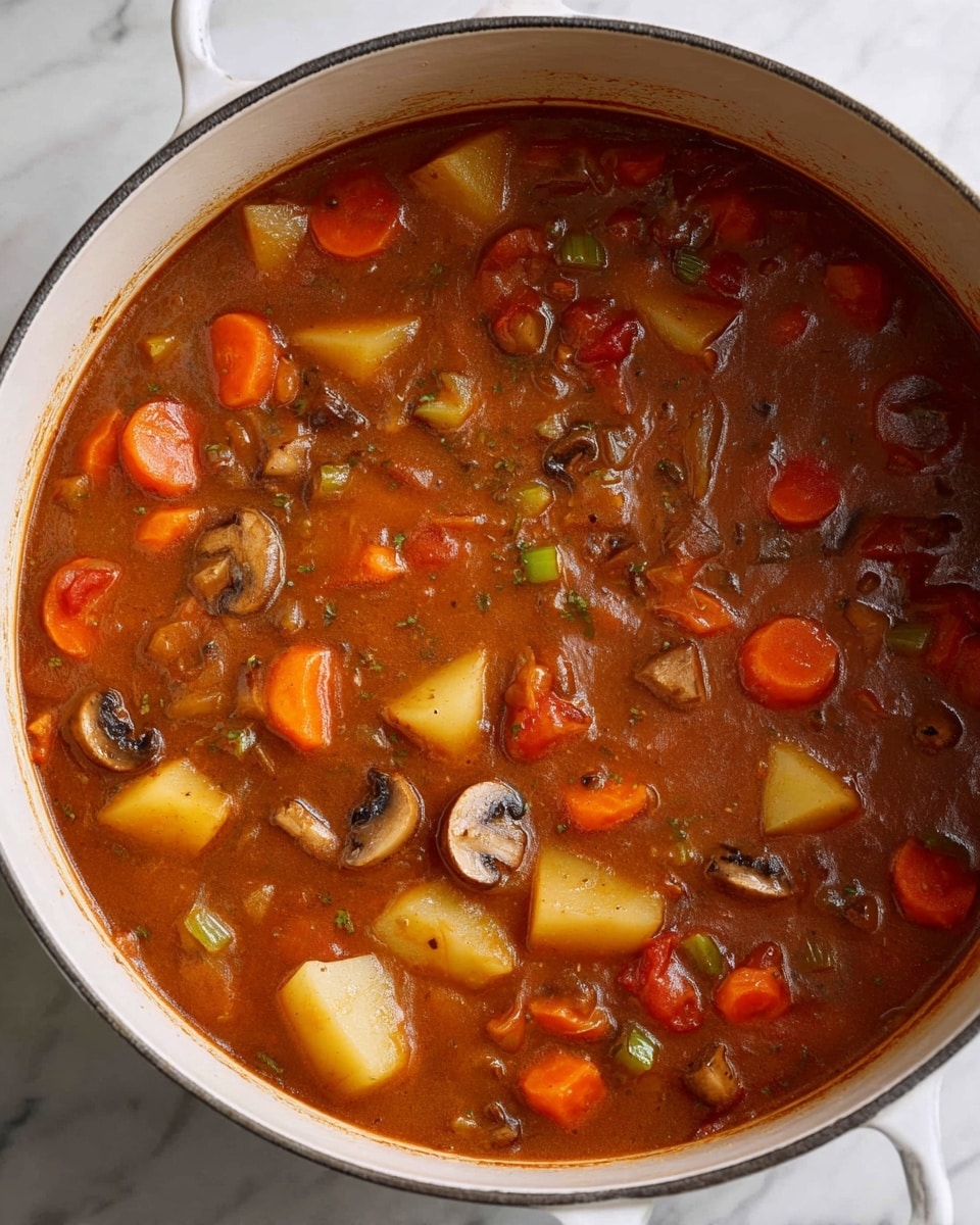 A large white pot filled with a thick, reddish-brown stew that has many visible chunks in it. The stew contains multiple layers of vegetables, including round orange carrot slices, light yellow potato cubes, and sliced light brown mushrooms. There are also small pieces of green celery and red tomato throughout the stew, which has a rich, slightly shiny texture. The pot is placed on a white marbled surface. photo taken with an iphone --ar 4:5 --v 7