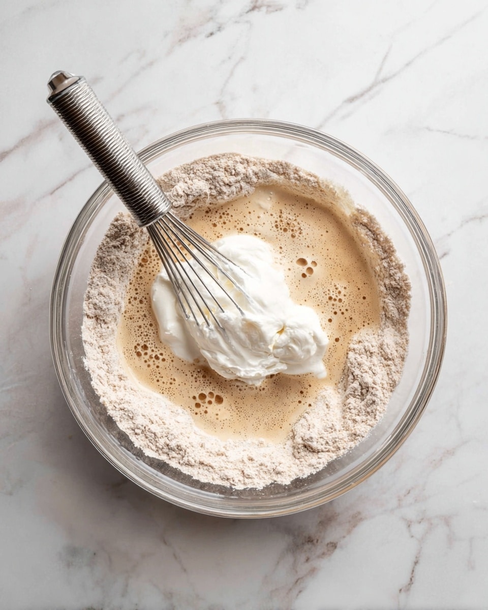 A clear glass bowl sits on a white marbled surface, containing a mix of ingredients layered inside. The bottom layer is made of light brown dry flour with a grainy texture, forming a ring around the edges. Inside the ring, there is a beige liquid, frothy and bubbly in parts, covering most of the flour. On one side, a dollop of thick white cream rests slightly on top of the liquid. A silver whisk with a thin handle and wire loops lies inside the bowl, partially submerged in the mixture, angled from the bottom left towards the center. photo taken with an iphone --ar 4:5 --v 7