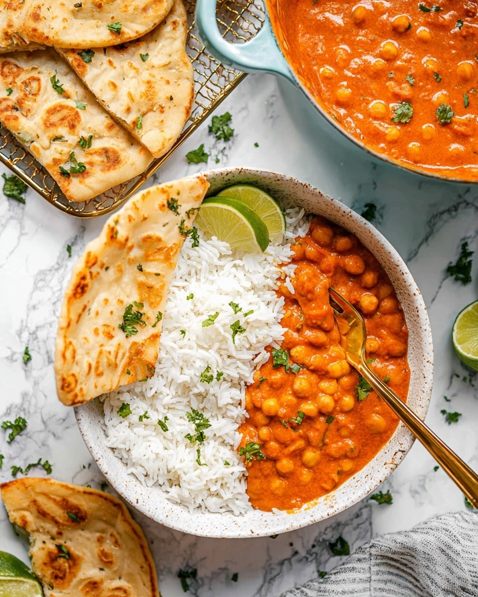 A round white bowl holds a dish with two main layers: white fluffy rice on one side and thick orange chickpea curry on the other side, garnished with small green herb leaves and a slice of lime placed on top of the curry. A piece of golden brown naan bread leans against the rice layer inside the bowl. Behind the bowl, there are several triangular and half-circle pieces of golden naan bread placed on a cooling rack. To the upper right, a light blue pot filled with the same orange chickpea curry sits on the white marbled surface. Scattered small green herb leaves decorate the surface around the bowl. A gold spoon is partially dipped into the rice. photo taken with an iphone --ar 4:5 --v 7