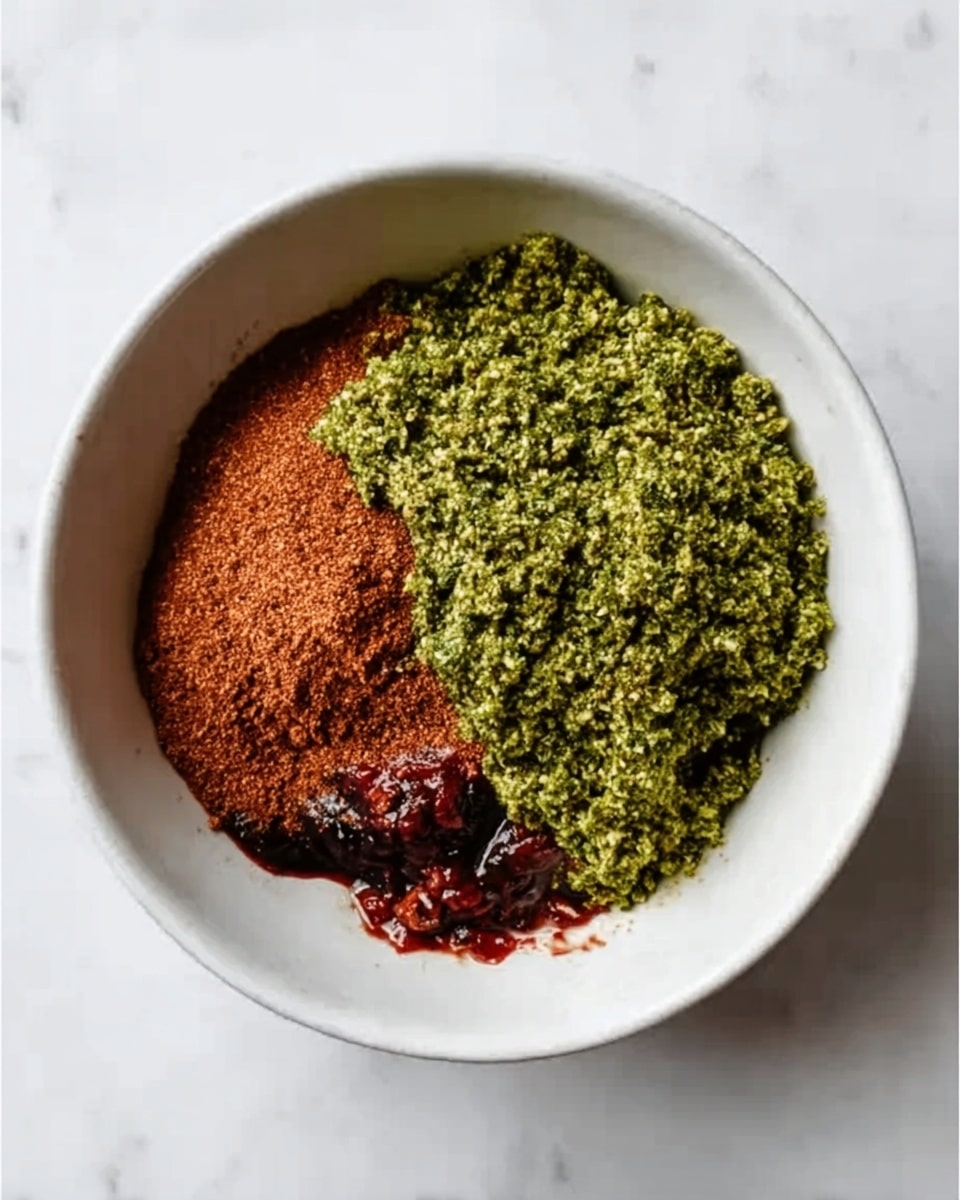 A white bowl filled with three different layers of food, placed on a white marbled surface. The largest layer is a coarse green mixture covering about half of the bowl on the top right side. Below and to the left, there is a reddish-brown powdery layer forming a semicircle. Underneath and partly visible in the bottom right corner is a dark red mixture with a few small chunks, slightly glossy. The bowl is simple and round, sitting centered in the image. Photo taken with an iphone --ar 4:5 --v 7