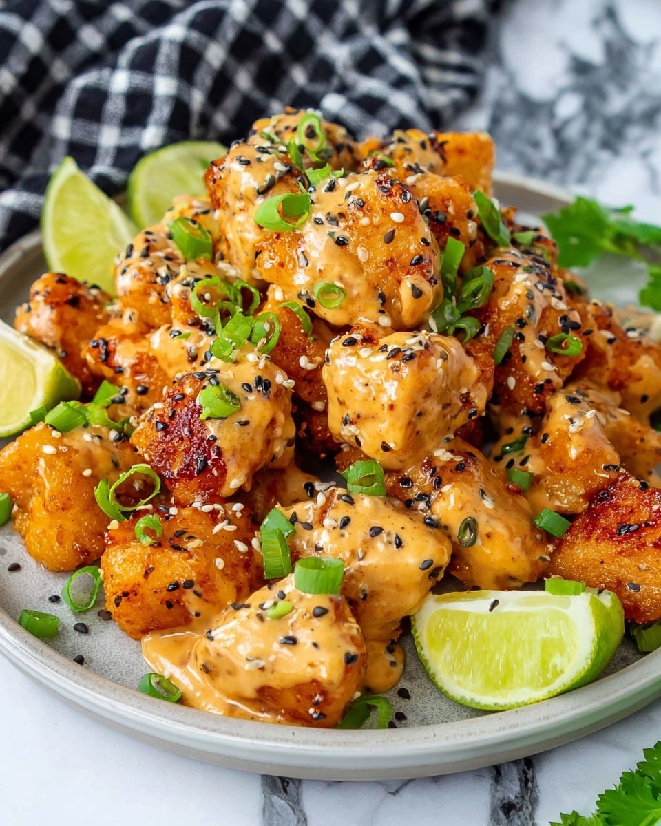The image shows a pile of small, grilled golden-brown chicken pieces coated with a creamy orange sauce on a round white plate. The chicken chunks are chunky and have some charring for texture. The sauce has a smooth, thick look and is spread unevenly over the chicken. Bright green chopped spring onions and black and white sesame seeds are sprinkled over the top and around the plate. There are two lime wedges around the chicken adding a pop of fresh green color. The plate sits on a white marbled surface, and a black and white checkered cloth is blurred in the background. The photo taken with an iphone --ar 4:5 --v 7