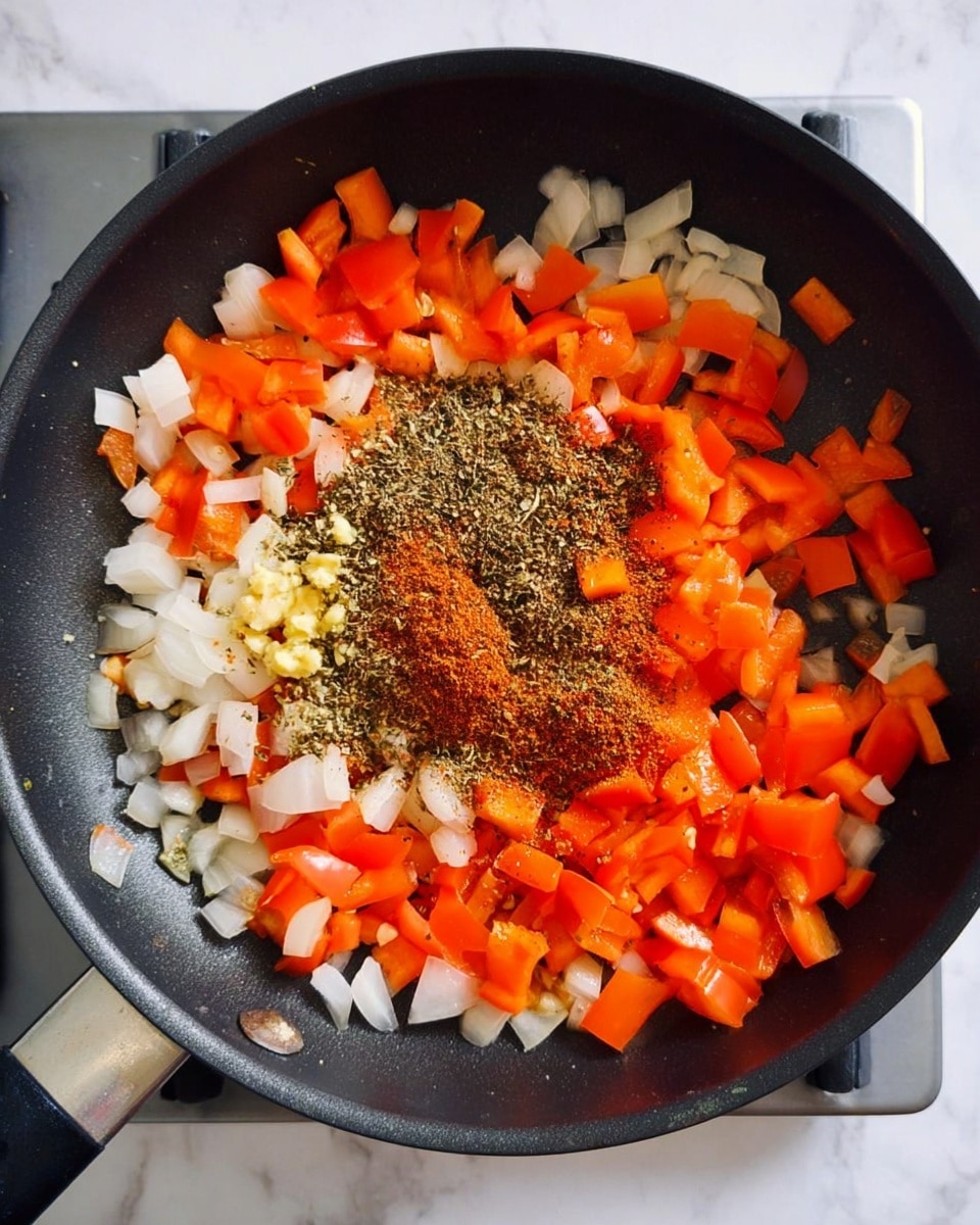 A black pan filled with a mix of bright orange diced bell peppers and translucent white diced onions around the edges, with a pile of dark brown and green spices in the center on top of the vegetables, showing bits of light yellow chopped garlic at the bottom of the spice pile, all cooking on a white stovetop with a white marbled surface below. photo taken with an iphone --ar 4:5 --v 7