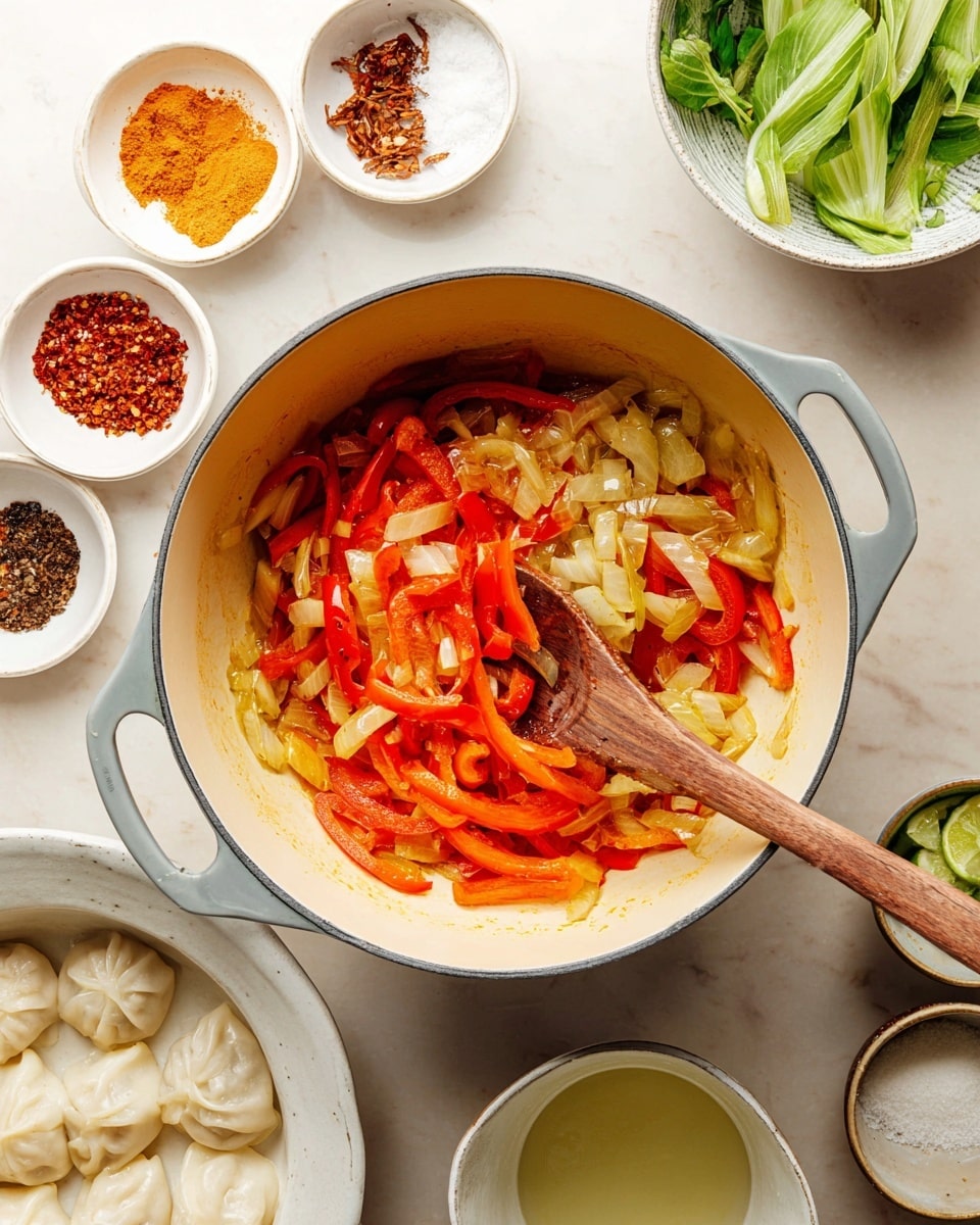 In the center, there is a light gray pot with soft yellow inside holding cooked red bell pepper strips and diced onions, being stirred by a wooden spoon with some onion pieces on it. Surrounding the pot on a white marbled surface, there are small white bowls with various ingredients: light brown sugar, dark chili flakes in oil, pale minced garlic, bright yellow grated ginger, and red chili paste. To the right, there is a white bowl filled with green leafy vegetables and long green strips. Below the pot, a white bowl contains uncooked dumplings, and near it, a small white cup with pale yellow liquid sits next to a lime. The whole scene is bright and clean with fresh ingredients neatly arranged photo taken with an iphone --ar 4:5 --v 7