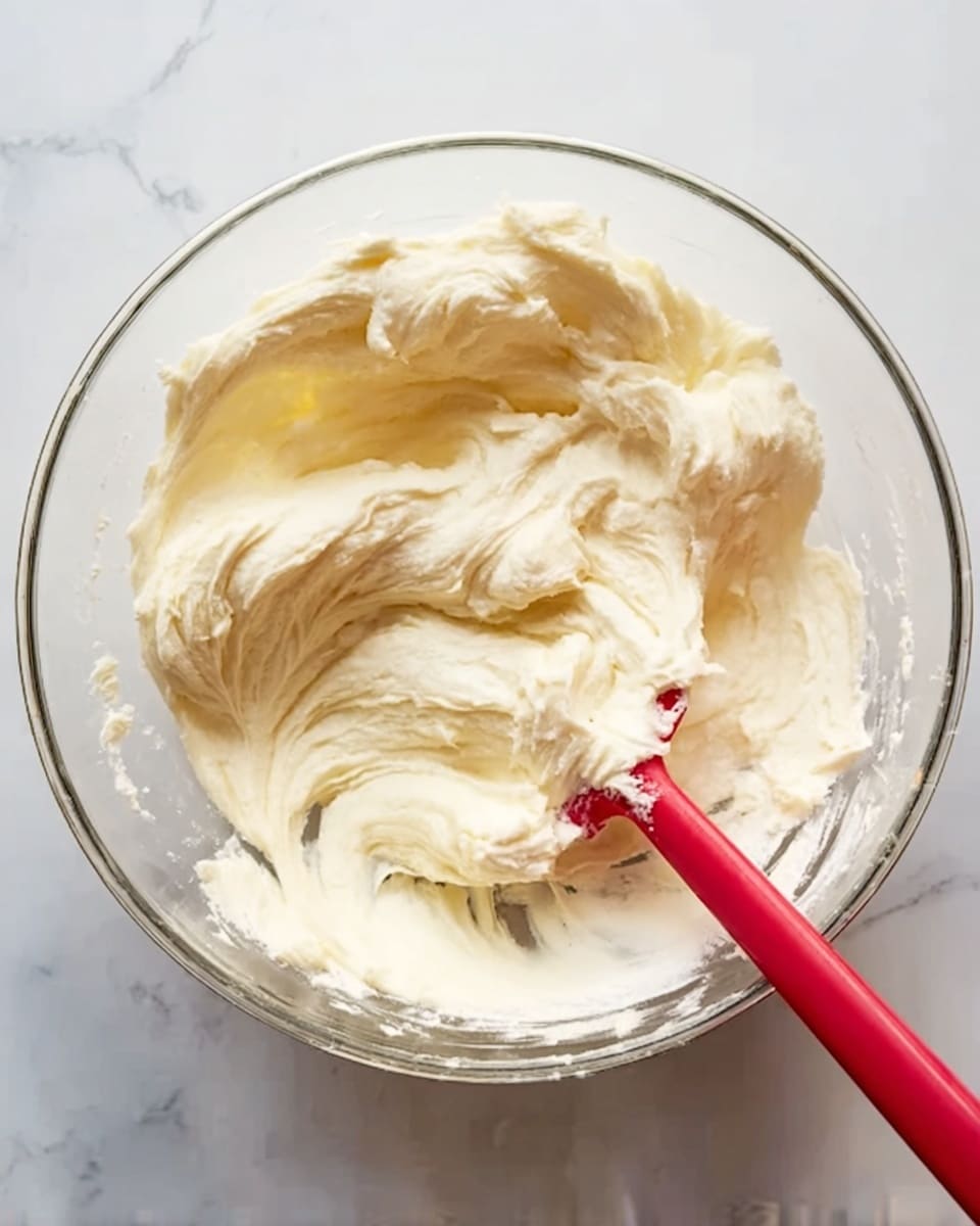The image shows a clear glass bowl with a smooth white marbled surface underneath. Inside the bowl is a creamy mixture with soft, fluffy texture in light beige and white colors, thick and swirled unevenly. A red spatula is partially visible resting in the bowl, with its edge slightly covered by the creamy mixture. The scene is brightly lit, highlighting the contrast between the creamy texture and the shiny glass bowl. photo taken with an iphone --ar 4:5 --v 7