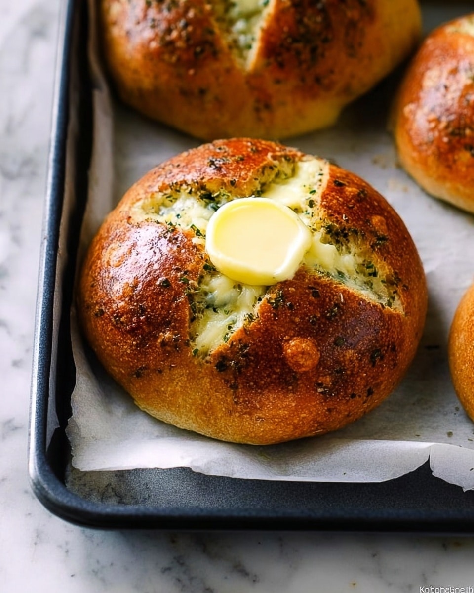 A close-up of a round brown bread roll with six deep cuts from the edges towards the center, revealing a soft white cheesy filling mixed with green herbs inside the cuts. On top of the bread roll, in the middle, there is a small dollop of creamy light yellow butter melting into the bread. The bread roll has a shiny baked surface with small darker spots from herbs. It sits on white baking paper inside a black baking tray with more similar bread rolls visible around the main one. The background is a white marbled texture. photo taken with an iphone --ar 4:5 --v 7