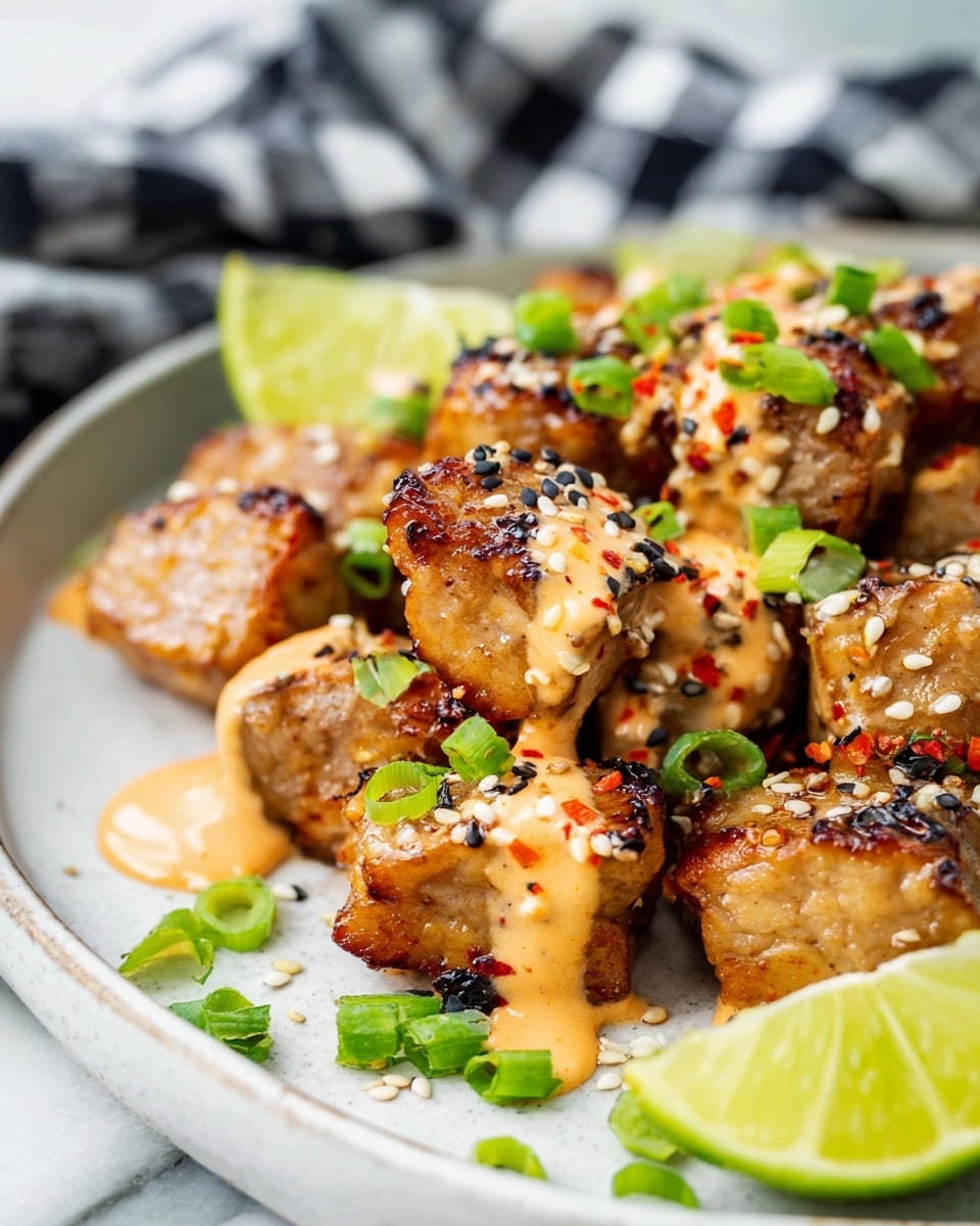 A close-up view of small golden-brown grilled meat pieces layered on a white plate, covered with a creamy light orange sauce that has red specks. The meat is topped with green chopped scallions and sprinkled with white and black sesame seeds. Around the meat on the plate are bright green lime wedges, with some scattered chopped scallions and sesame seeds on the white marbled surface underneath. A black and white checkered cloth is blurred in the background. Photo taken with an iphone --ar 4:5 --v 7