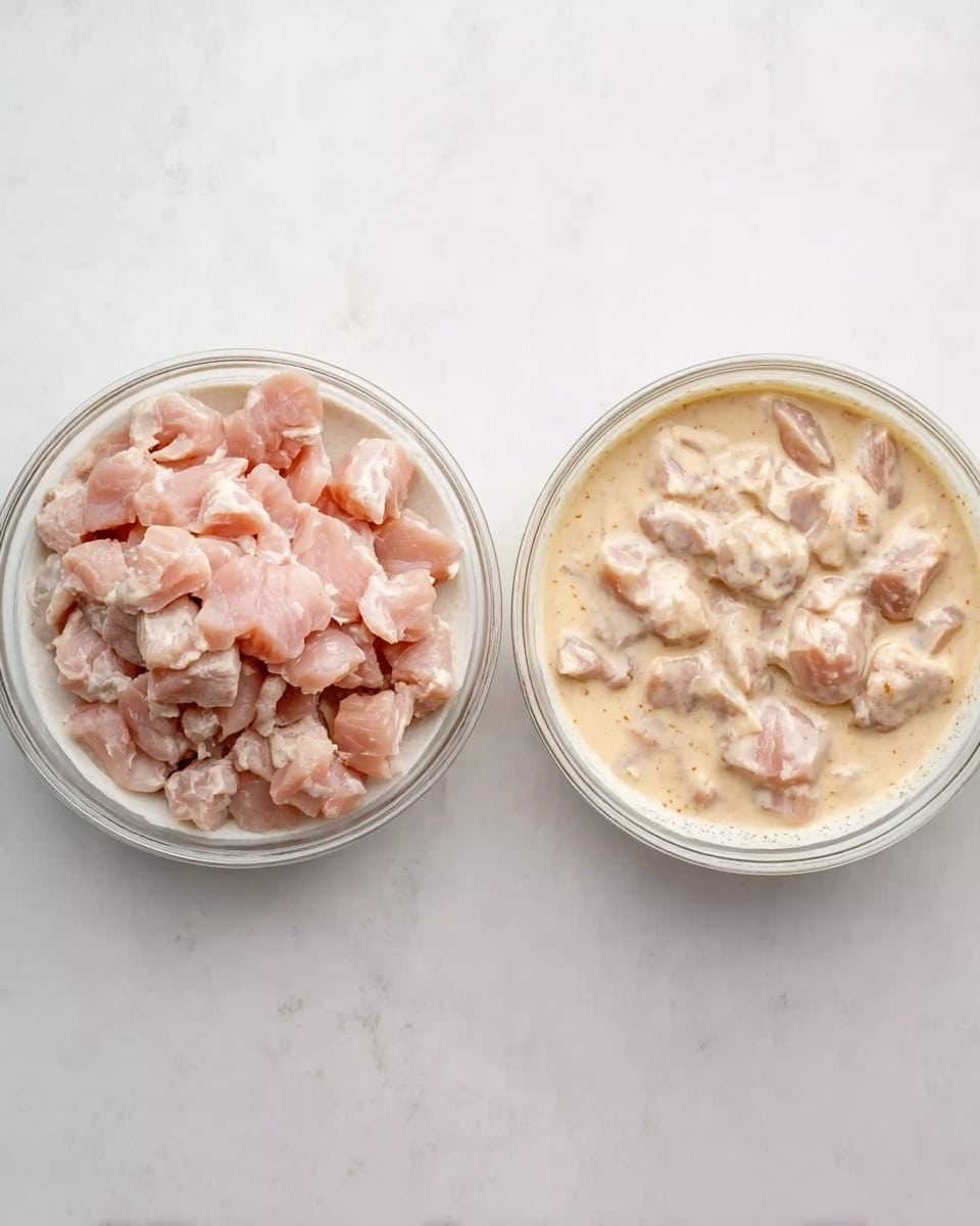 The image shows two white bowls on a white marbled surface. The bowl on the left has many small, light pink pieces of raw meat stacked in a pile, lightly coated with a pale creamy sauce at the bottom. The bowl on the right holds the same meat pieces fully covered and mixed in the creamy sauce, giving a smooth, light beige color with chunks visible through the sauce. Photo taken with an iphone --ar 4:5 --v 7