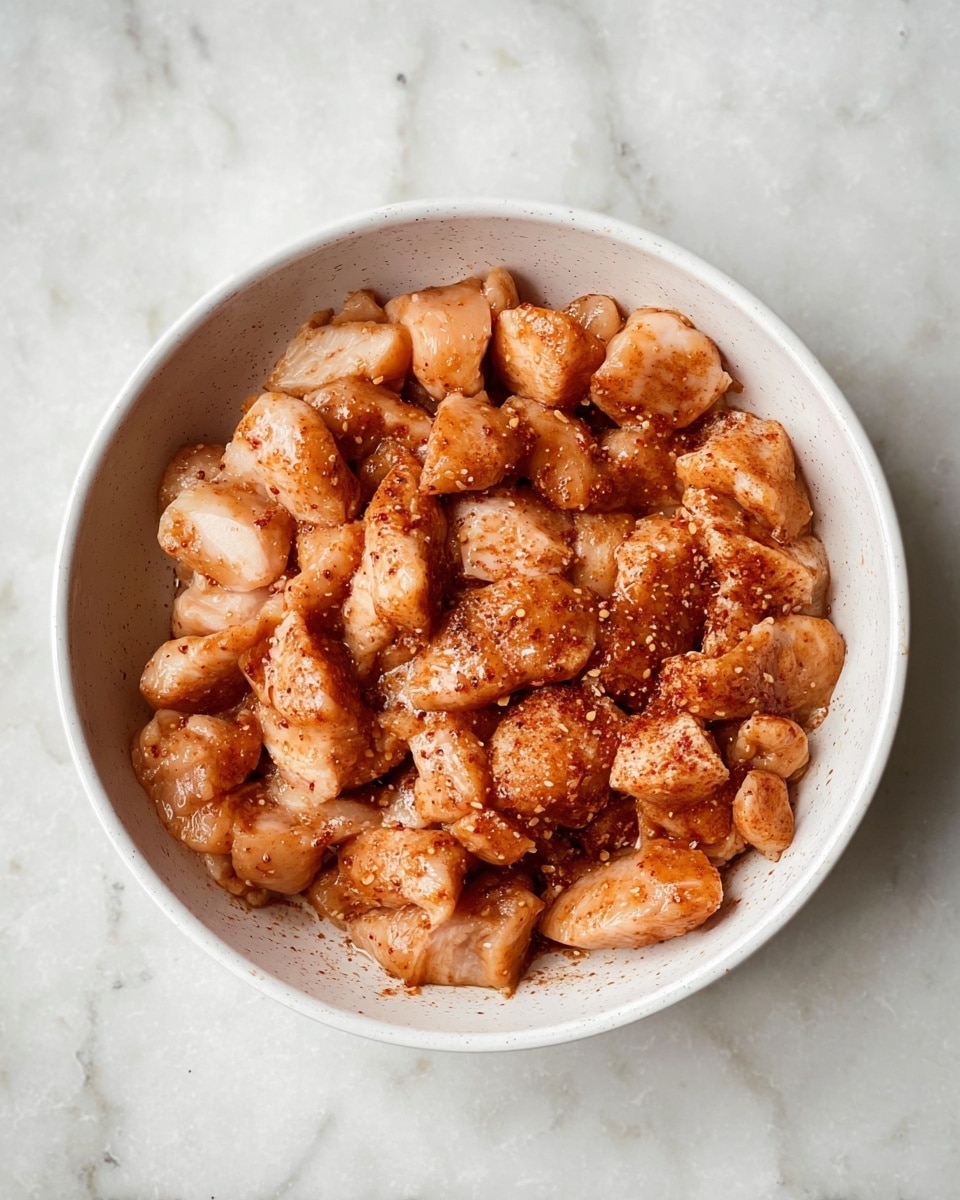 The image shows a round white bowl filled with small, raw chicken pieces that are lightly coated with reddish-brown spices, giving them a slightly dusty appearance. The chicken pieces vary in size and shape, with a few showing a smooth, slightly shiny texture typical of raw meat, and the spice layer resting unevenly on top. There is no layering inside the bowl, just a mix of chicken chunks evenly spread out. The bowl is placed on a white marbled surface that has faint grey veins and a clean look. photo taken with an iphone --ar 4:5 --v 7