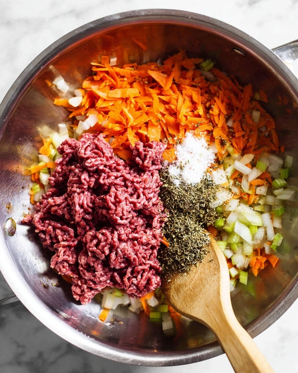 A close-up image shows a stainless steel pan with a mix of ingredients inside. The base layer consists of finely chopped orange carrots, white onions, and green celery spread evenly along the bottom. On top of these vegetables lies a large portion of raw red ground meat, slightly textured and piled mainly to one side. Over the vegetables near the meat, small piles of dried herbs and coarse white salt are visible. A wooden spatula with a smooth light brown finish rests in the pan on the right side, partially touching the vegetables. The background is a white marbled surface. photo taken with an iphone --ar 4:5 --v 7