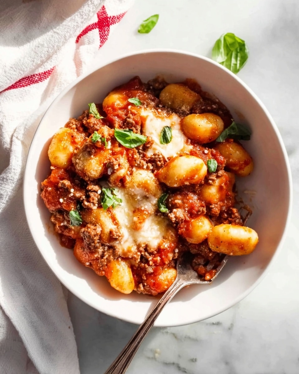 The image shows a white bowl filled with a layered dish of gnocchi mixed with a chunky red tomato sauce, speckled with browned ground meat and melted white cheese on top. The gnocchi are golden and soft, coated in the sauce that has a rich, slightly glossy texture. Small green basil leaves are scattered on the surface adding a fresh touch. A silver fork is resting inside the bowl with a small portion of the food on it. The bowl sits on a white marbled surface with a white cloth napkin featuring red stripes nearby. The lighting is bright and natural. photo taken with an iphone --ar 4:5 --v 7