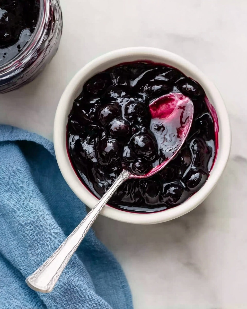 A small white bowl filled with dark purple blueberry sauce that looks thick and shiny, with whole blueberries visible inside. A silver spoon rests in the bowl, partially covered with sauce, its handle extending out. The bowl sits on a white marbled surface next to a folded blue cloth, and part of a glass container with more blueberry sauce is seen in the top left corner. Photo taken with an iphone --ar 4:5 --v 7