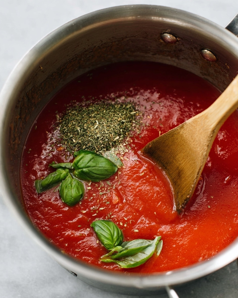 A close-up view of a shiny metal pot filled with bright red tomato sauce, showing a smooth and thick texture. On one side of the sauce, there is a small pile of dried green herbs, adding contrast. Several fresh green basil leaves float on top, some partially covered by the sauce. A wooden spoon is dipped into the pot, stirring the sauce and touching the basil leaves gently. The pot is placed on a white marbled surface. photo taken with an iphone --ar 4:5 --v 7