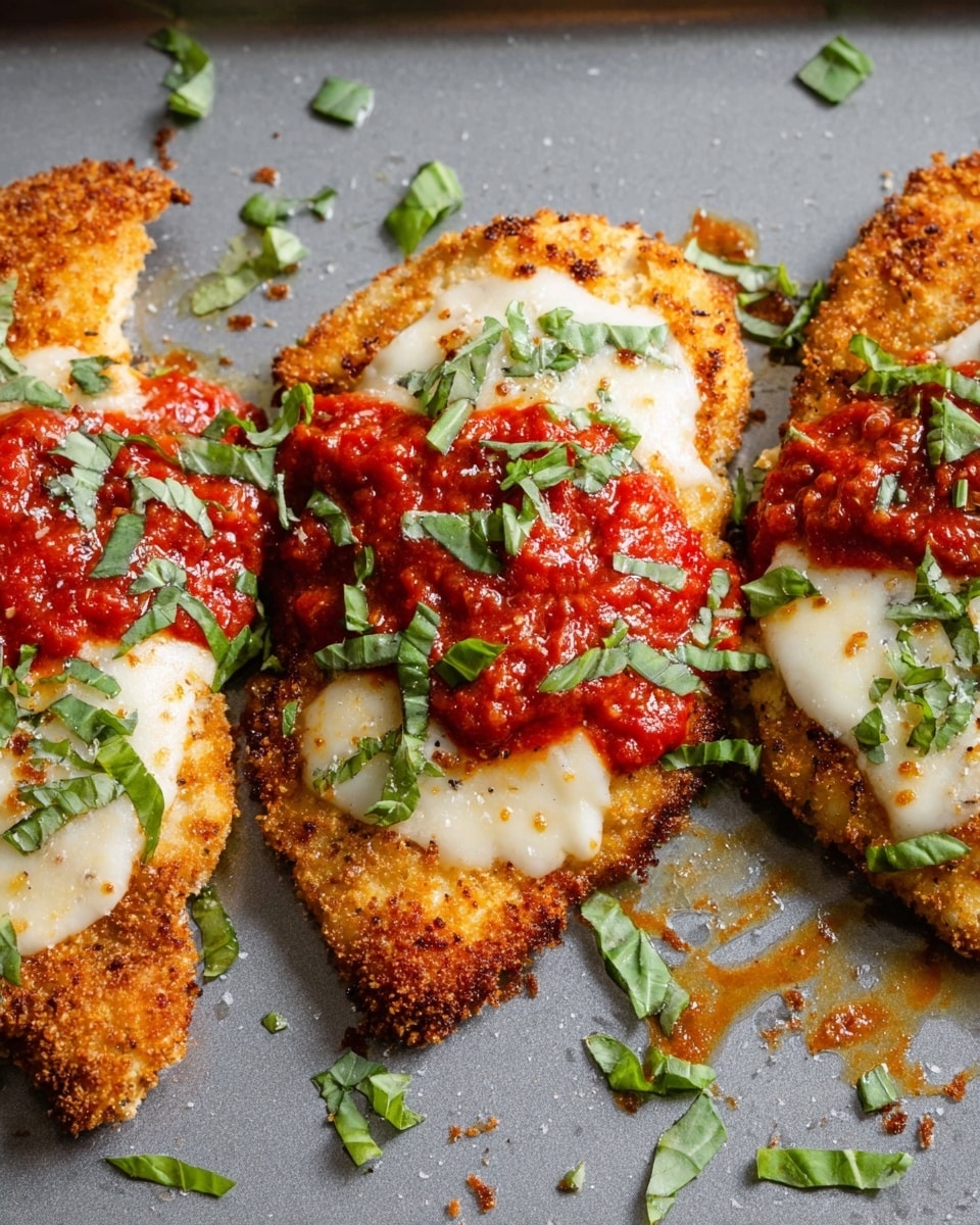 Three pieces of crispy golden brown breaded chicken are lined up on a baking tray with a white marbled texture in the background. Each piece has a layer of melted white cheese on top, followed by a bright red chunky tomato sauce spread over the cheese. Fresh green basil leaves are scattered over the sauce and around the chicken pieces, adding a fresh color contrast. The edges of the chicken are crunchy and textured, and some melted cheese has bubbled out onto the tray. The lighting shows the textures and colors clearly. photo taken with an iphone --ar 4:5 --v 7