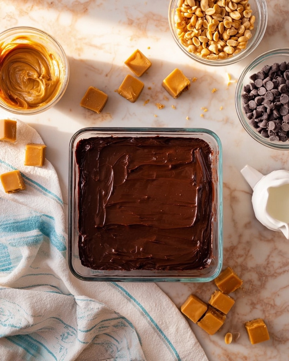 The image shows a square glass baking dish filled with a smooth, shiny layer of dark brown chocolate spread evenly on the top. Around the dish, there are small piles of light brown caramel squares scattered on a white marbled surface. To the left, there is a transparent bowl filled with light brown creamy peanut butter, and above it, another transparent bowl filled with whole peanuts. At the top right, a transparent bowl is filled with dark chocolate chips, and near it, there is a small white ceramic pitcher holding cream. A white cloth with blue stripes sits in the lower left corner with caramel squares on it. The scene is lit softly with natural light, creating a warm and inviting atmosphere. photo taken with an iphone --ar 4:5 --v 7