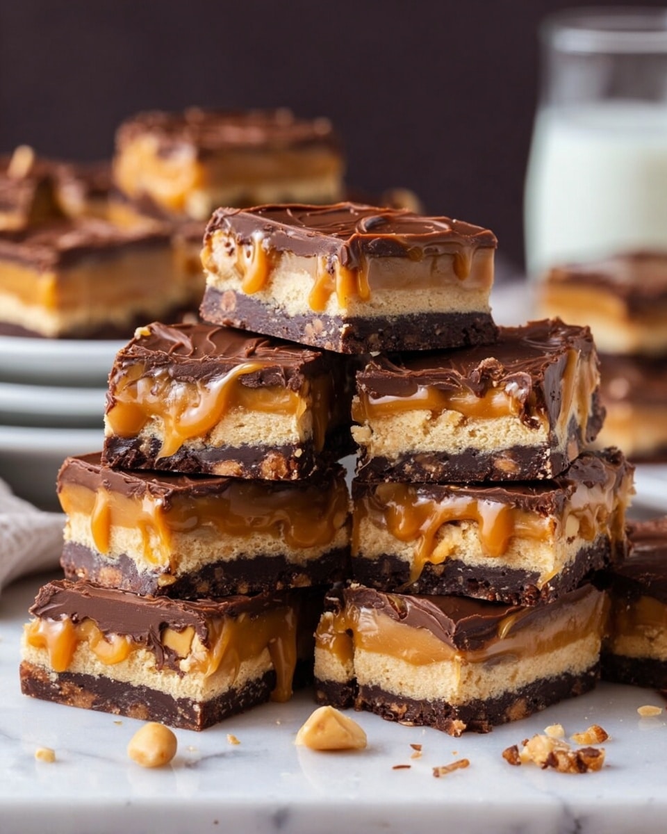 The image shows a stack of nine square dessert bars arranged on a white marbled surface. Each bar has three layers: a dark chocolate layer on the bottom that looks firm and solid, a middle layer of light tan cookie or biscuit that is thick and crumbly, and a top layer of shiny caramel with peanuts mixed inside, caramel dripping slightly over the edges. The top surface is covered with a smooth, dark chocolate layer with a slightly swirled texture. In the background, there is a glass of milk and more dessert bars on white plates that blend softly into a blurred dark area. photo taken with an iphone --ar 4:5 --v 7