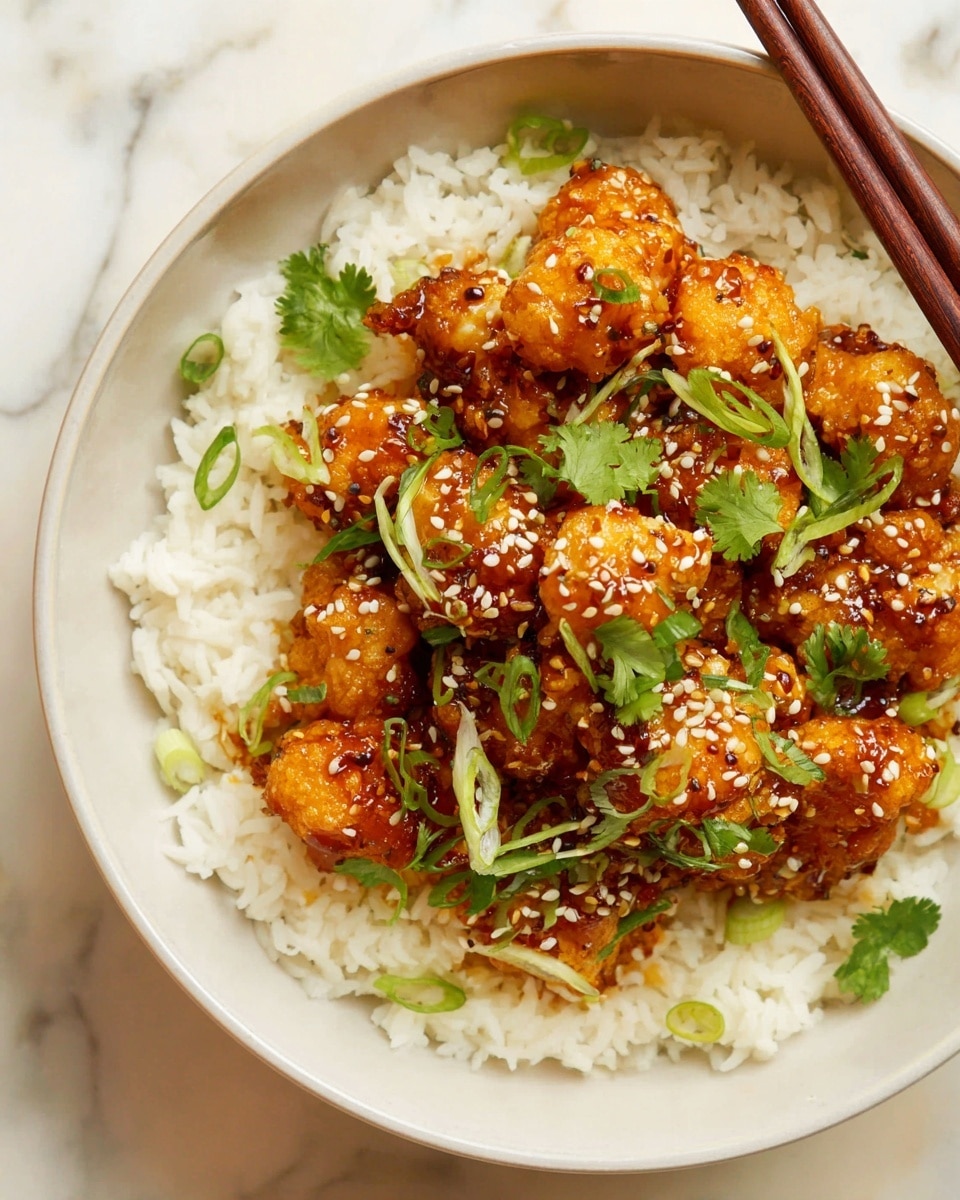 A white bowl holds two layers: the bottom layer is soft white rice with a light, fluffy texture, and the top layer is golden-brown glazed pieces of cauliflower coated in a shiny, sticky sauce. The cauliflower is sprinkled with white sesame seeds, bright green chopped scallions, and fresh green cilantro leaves. The bowl sits on a white marbled surface next to a pair of wooden chopsticks resting on the bowl's rim. Photo taken with an iphone --ar 4:5 --v 7