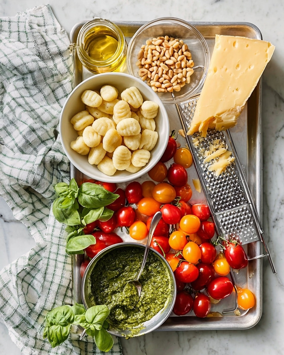 A metal tray on a white marbled surface holds several ingredients: a white bowl filled with pale gnocchi listed in two shapes with different textures, clustered on the left side; next to it, scattered bright red, orange, and yellow cherry tomatoes attached to green stems cover the right bottom half; on the top left is a clear glass jar of golden oil beside a small clear bowl filled with light brown pine nuts; near the top right corner is a large wedge of pale yellow cheese resting on a metal grater. A green pesto sauce in a silver bowl with a spoon and fresh basil leaves is placed partly below the tray, with a checked kitchen towel loosely arranged to the left. Photo taken with an iphone --ar 4:5 --v 7