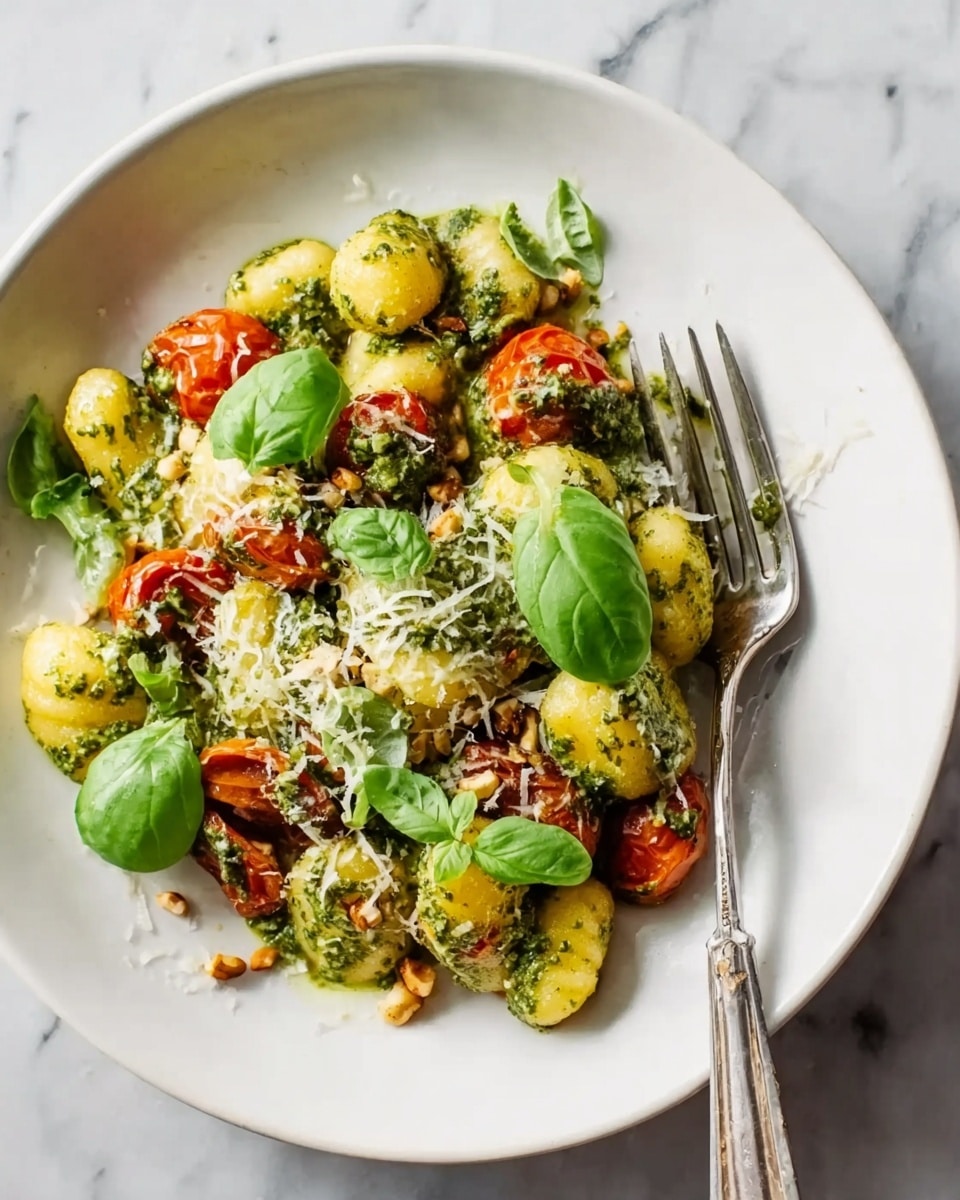 A white plate sits on a white marbled surface, filled with about three layers of small round yellow gnocchi pieces and halved cherry tomatoes with a soft skin. The gnocchi are covered in a vibrant green pesto sauce with visible bits of herbs and nuts. Scattered on top are several fresh, bright green basil leaves and a sprinkle of grated cheese, lightly melting into the dish. A silver fork rests on the right side of the plate with its prongs touching the food. photo taken with an iphone --ar 4:5 --v 7