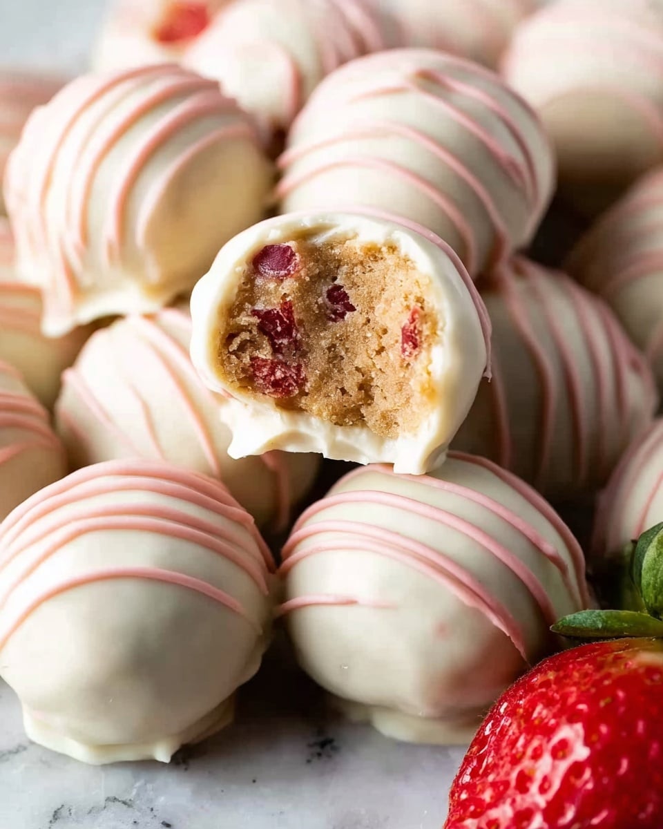 The image shows many round truffle balls covered in smooth white chocolate. Each truffle has light pink thin stripes drizzled on top. One truffle in the center is bitten, showing a soft, brown inside with red fruit pieces embedded within. The truffles are closely packed on a surface with a single strawberry placed near the bottom edge. The overall look is creamy and delicate with a mix of smooth textures and small chunks inside. The background has a white marbled texture. Photo taken with an iphone --ar 4:5 --v 7