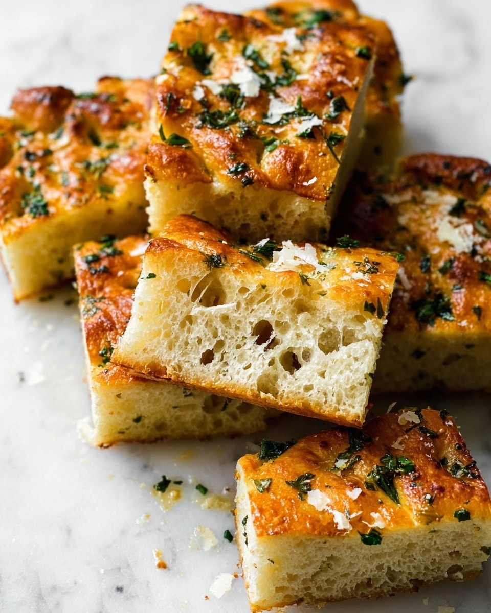 The image shows several pieces of golden brown focaccia bread on a white marbled surface. The top layer of the bread is lightly crispy with a shiny, oily texture and is sprinkled with finely chopped green parsley and grated white cheese. The inside of one piece is visible, showing a soft, airy texture with small holes throughout. The bread pieces vary in size and are arranged casually, emphasizing the contrast between the crunchy crust and tender inside. photo taken with an iphone --ar 4:5 --v 7