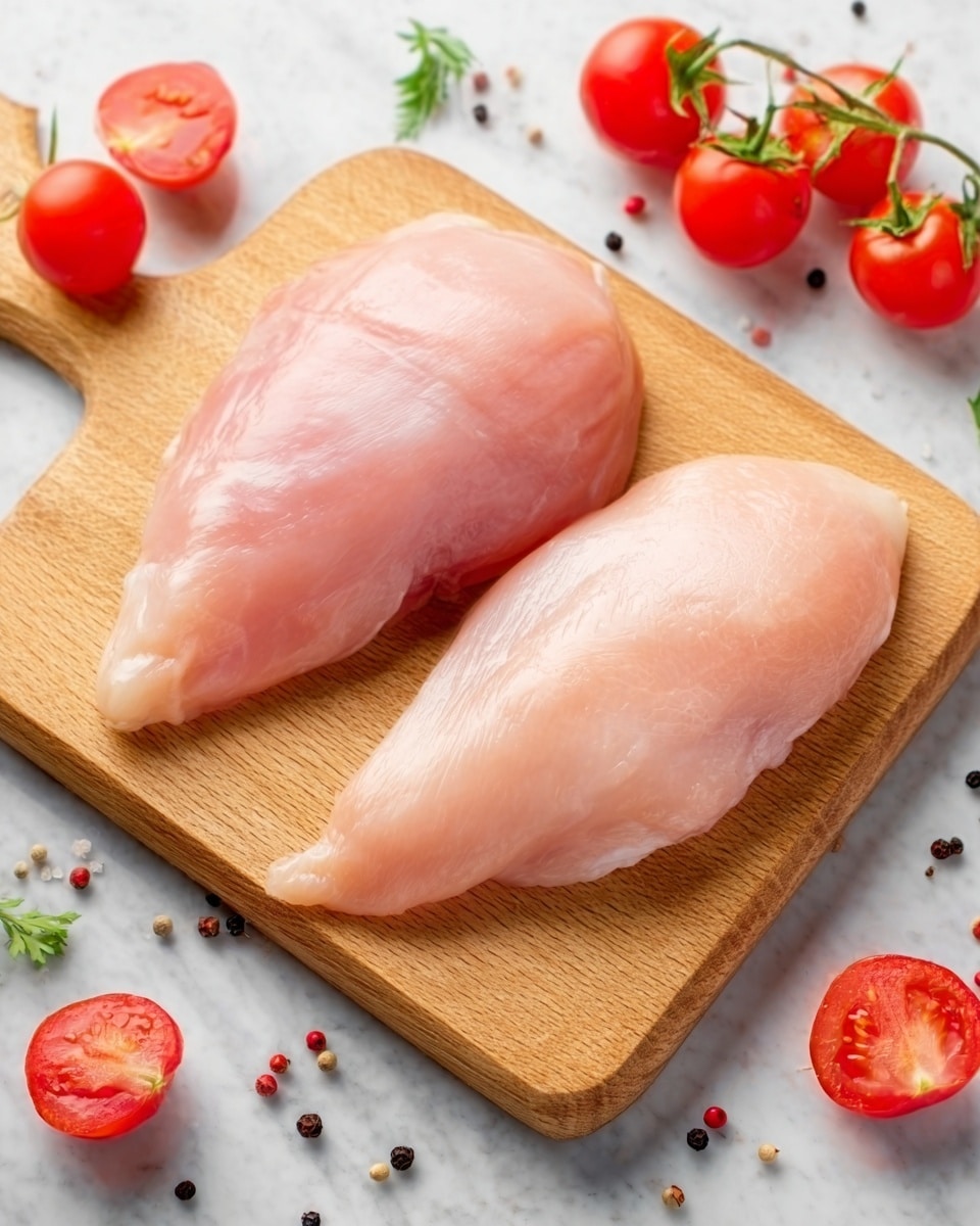 Two raw chicken pieces are placed side by side on a light brown wooden cutting board. The chicken pieces have a pale pink color with a smooth and slightly shiny texture. The cutting board is on a white marbled surface. Around the board, there are small red cherry tomatoes with green stems attached, a few tomato slices showing the red inside, and scattered peppercorns in black, white, and red colors. The overall scene is bright and fresh. photo taken with an iphone --ar 4:5 --v 7