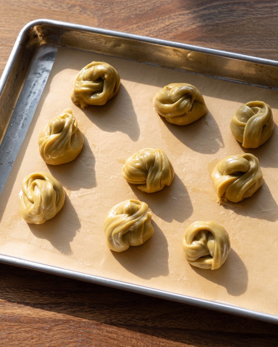 There are eight dollops of thick, shiny, smooth light brown dough on a baking tray lined with light beige parchment paper. Each dollop has a unique shape with swirled peaks and folds, sitting on the flat paper inside the silver metal tray. The tray is placed on a wooden surface with sunlight coming in from the side, creating soft shadows on the dough and tray. photo taken with an iphone --ar 4:5 --v 7