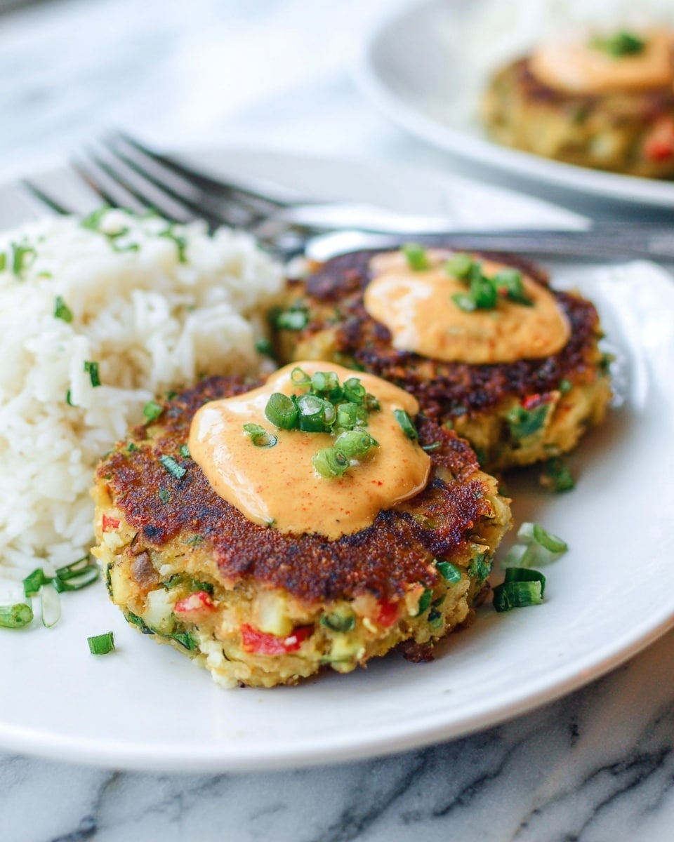The image shows a white plate with two thick, round vegetable patties that have a golden-brown crispy top layer with green, red, and yellow bits visible inside. Each patty is topped with a dollop of creamy orange sauce and sprinkled with chopped green herbs. To the left of the patties, there is a portion of white rice with some herbs mixed in. The plate is on a white marbled surface, and in the background, a silver fork rests on the plate with blurred food containers and another plate also visible. photo taken with an iphone --ar 4:5 --v 7
