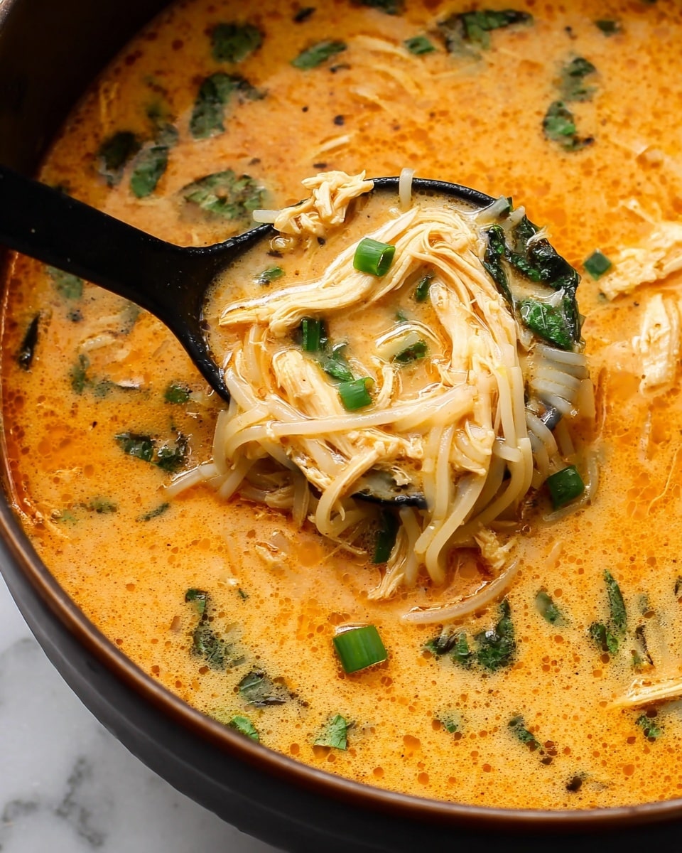 The image shows a creamy orange soup filled with white noodles and shredded light-colored chicken pieces. The soup has a smooth texture with small green herb leaves and chopped green onions scattered on top. A black ladle is scooping some noodles and chicken from the soup, held above the surface with the broth shining through. The soup base has a slightly oily surface with tiny dark specks of seasoning, and green leafy herbs float around, adding color contrast. The whole scene rests on a white marbled background. photo taken with an iphone --ar 4:5 --v 7