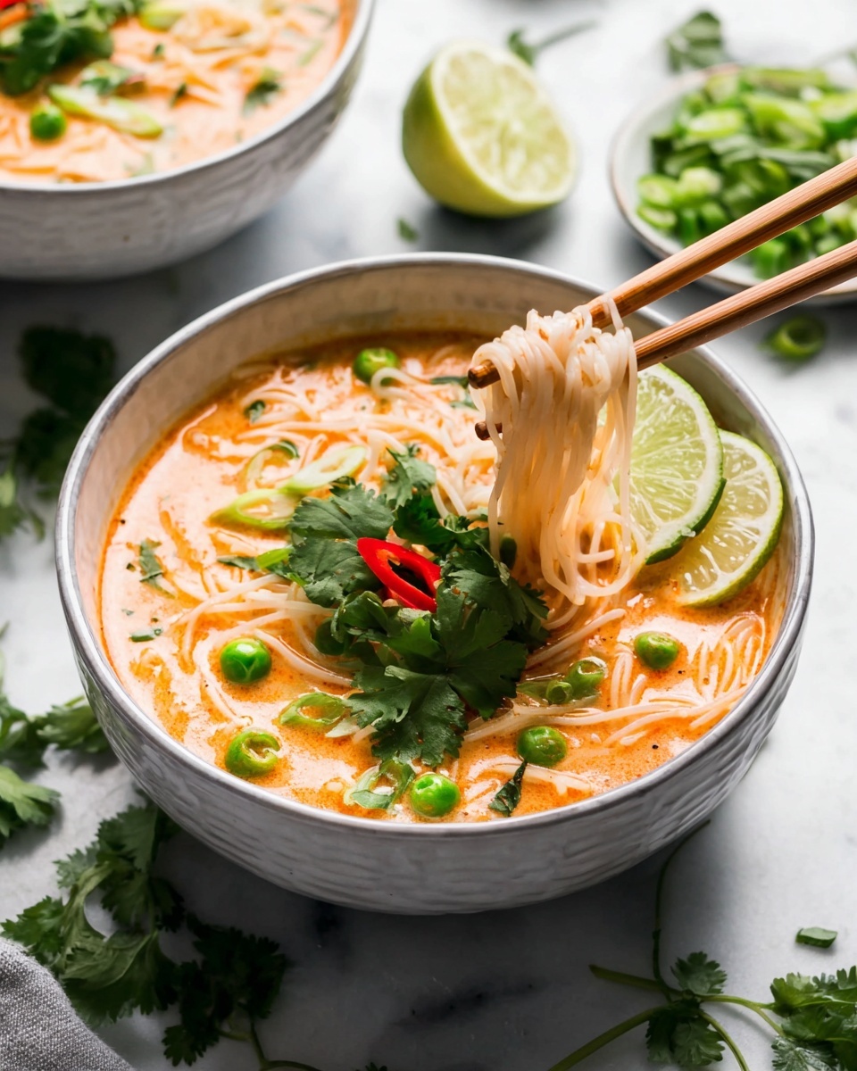 Slow Cooker Thai Chicken Soup Recipe 5 A white bowl filled with creamy orange soup base holding thin white noodles, topped with green peas and bright green thin slices of scallion floating throughout. On top, there are fresh green cilantro leaves, two thin green lime slices, and a red chili ring. A pair of light wooden chopsticks holds a small bundle of noodles lifted just above the bowl. The bowl sits on a white marbled surface scattered with fresh cilantro leaves. In the blurred background, there are parts of other white bowls with similar noodle soup and chopped green scallions. Photo taken with an iphone --ar 4:5 --v 7