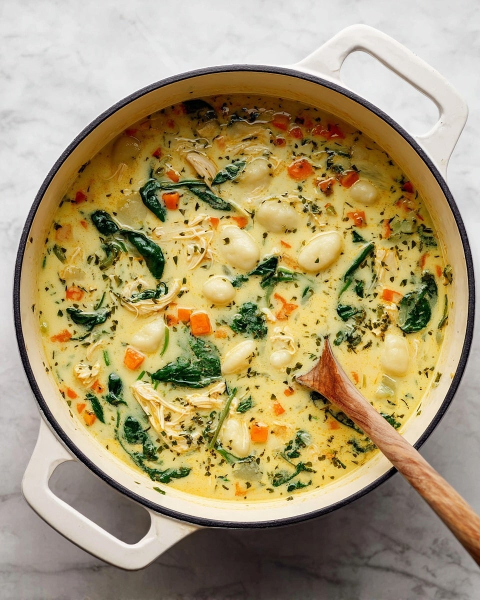 A white pot filled with a creamy yellow soup that has three layers of ingredients visible: the first layer shows small orange carrot cubes and green spinach leaves scattered throughout. The second layer has shredded light brown chicken pieces mixed evenly inside the soup. The third layer has soft white gnocchi floating on top, surrounded by the creamy broth with herbs sprinkled. A wooden spoon rests inside the pot, partially submerged in the soup. The pot is on a white marbled surface photo taken with an iphone --ar 4:5 --v 7