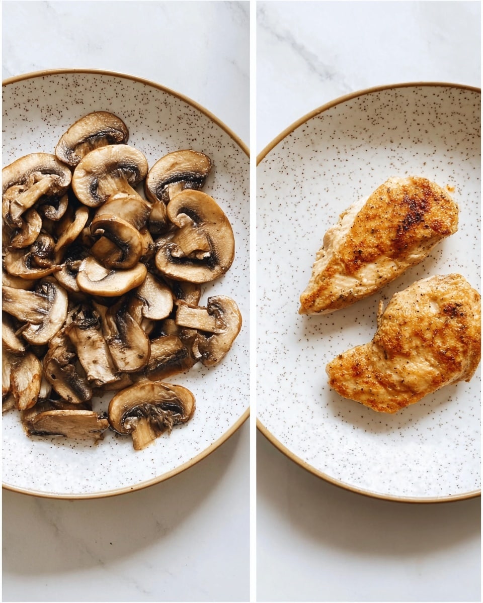 A white speckled plate holds cooked sliced mushrooms arranged loosely across the surface, each piece brown with a shiny, slightly soft texture. Next to it is another white speckled plate with two golden brown cooked chicken pieces, slightly crispy around the edges and evenly spaced. Both plates rest on a white marbled surface. photo taken with an iphone --ar 4:5 --v 7