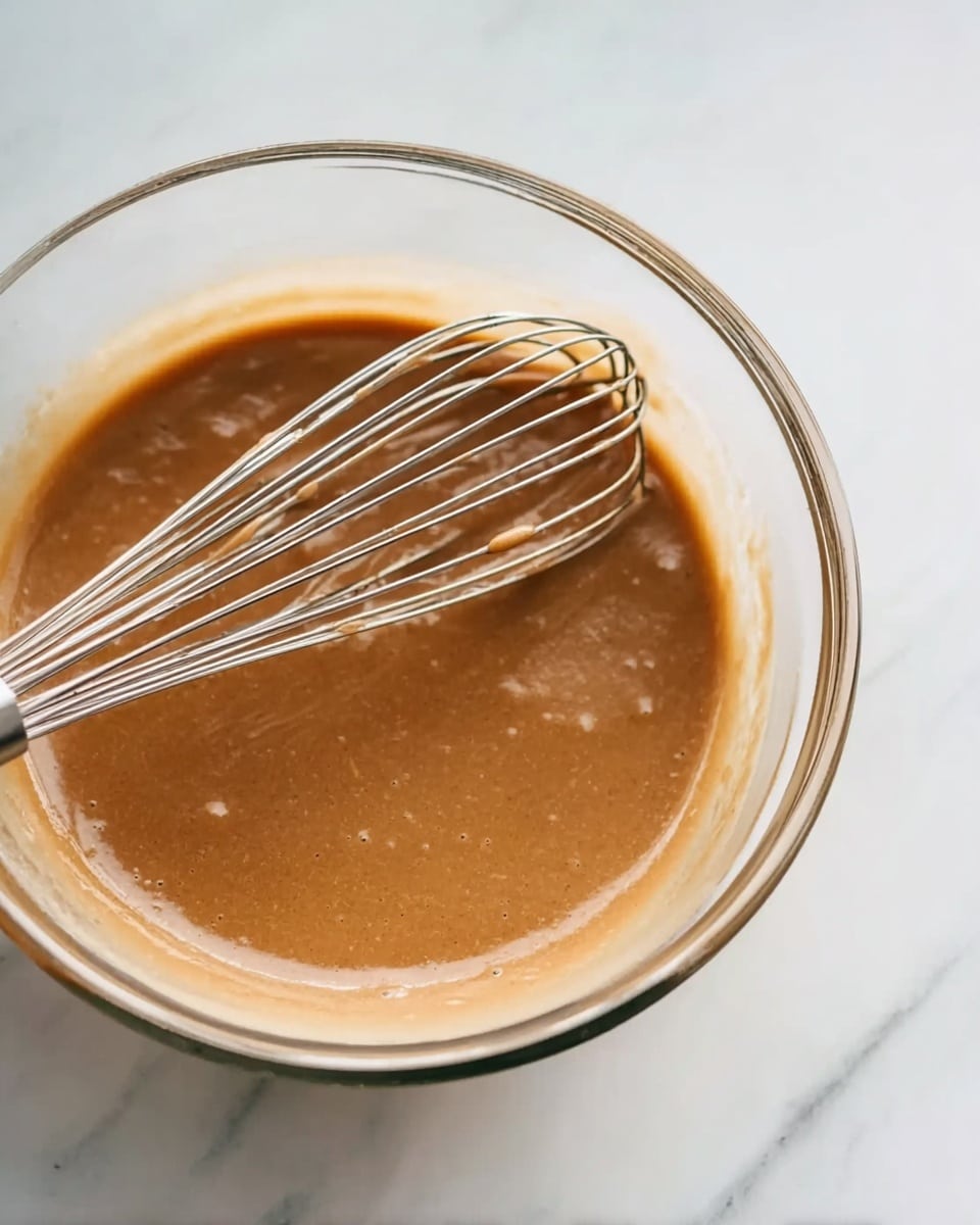 The image shows a clear glass bowl on a white marbled surface filled with a smooth brown mixture. A metal whisk is placed inside the bowl, slightly tilted, with some of the brown mixture clinging to its wires. The lighting highlights the glossy texture of the mixture, and the scene is simple with a clean and bright background. photo taken with an iphone --ar 4:5 --v 7