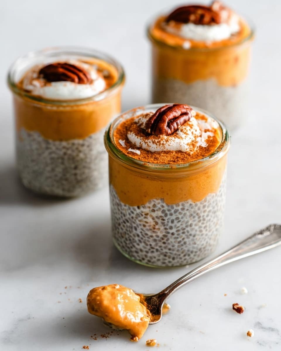 The image shows three small glass jars filled with two layers each: the bottom layer is white with black chia seeds giving a speckled look, and the top layer is a creamy orange color with a smooth texture. One jar in the front has a silver spoon inside, scooping a bit of the orange layer, showing a mix of the two layers. The two jars in the back have a dollop of white cream and a pecan nut on top of the orange layer. The jars are placed on a white marbled surface with some small crumbs scattered around. Photo taken with an iphone --ar 4:5 --v 7