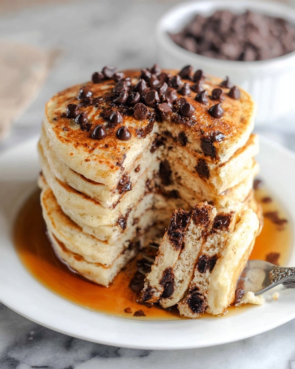 A tall stack of seven light golden pancakes with a soft, fluffy texture is placed on a white plate on a white marbled surface. The pancakes have small dark chocolate chips melted inside each layer, creating a marbled effect inside the pancakes. The top pancake is sprinkled with more chocolate chips that are still whole, while syrup pools around the base of the stack, slightly soaking the edges. A slice of the stack is lifted by a fork, showing the even layering and melted chocolate inside. In the background, a white bowl filled with extra chocolate chips is softly blurred. Photo taken with an iphone --ar 4:5 --v 7