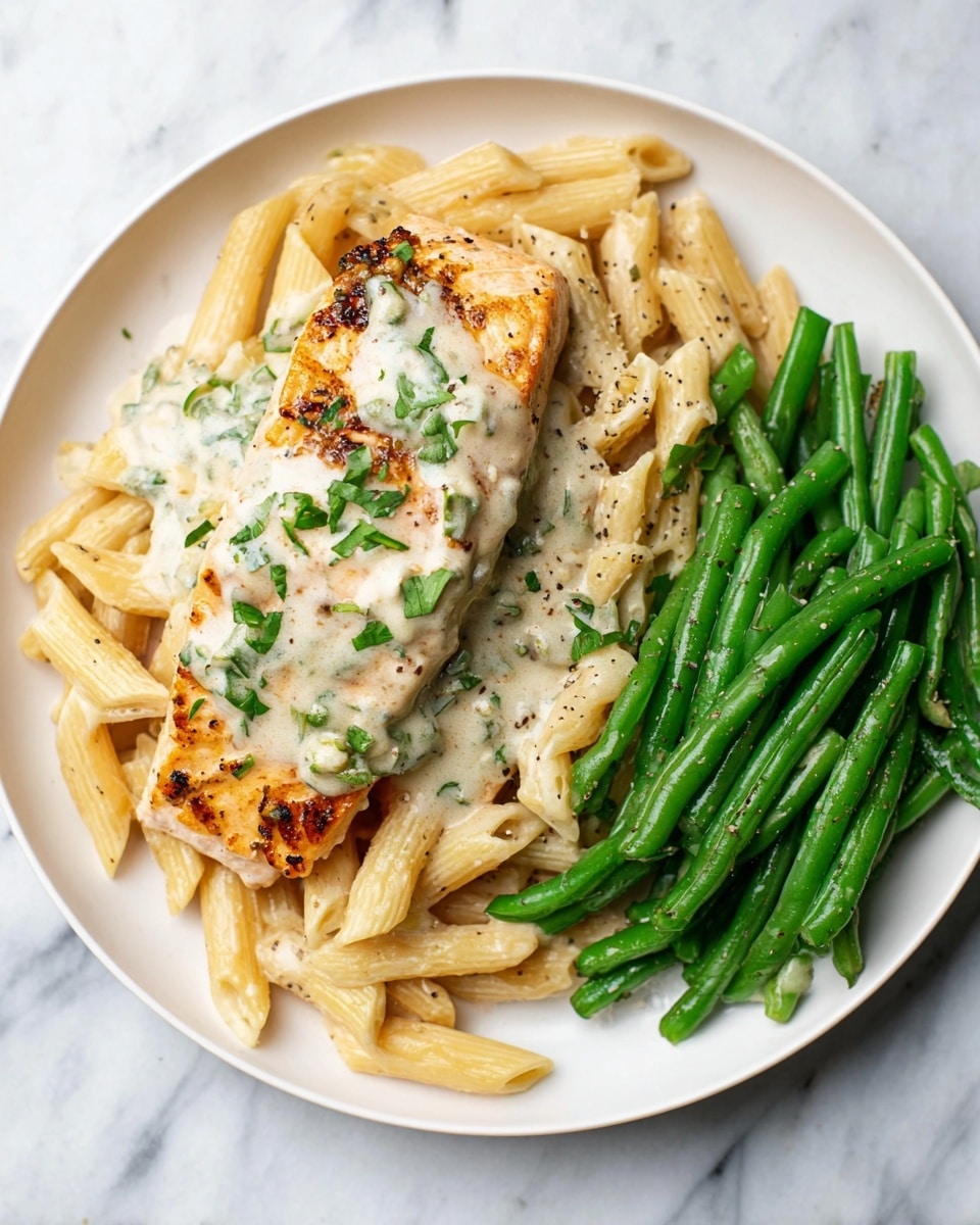 A white plate holds three main parts: on the left, a golden-brown grilled salmon fillet with a creamy white sauce speckled with green herbs draped over and around it; beneath and slightly to the right, a bed of penne pasta coated in the same creamy sauce with chopped herbs mixed in; on the right, a pile of vibrant green steamed green beans seasoned with black pepper sitting neatly next to the pasta. The whole plate is placed on a white marbled surface. Photo taken with an iphone --ar 4:5 --v 7