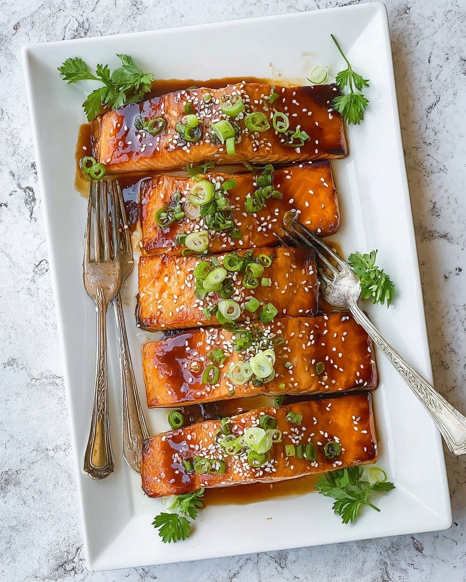 A white rectangular plate holds four long pieces of cooked salmon arranged in a neat row. Each piece is glazed with a shiny, brown sauce, topped with thin green slices of spring onions and sprinkled white sesame seeds. Fresh green parsley leaves are placed around the salmon for decoration. Two vintage silver forks rest diagonally on the plate beside the salmon pieces. The plate is set on a white marbled surface. photo taken with an iphone --ar 4:5 --v 7